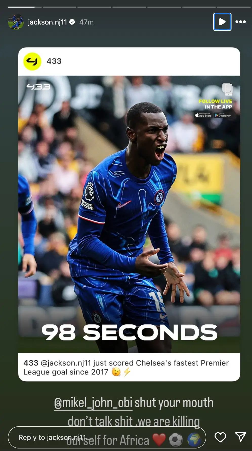 Nicolas Jackson hit out at former Chelsea star John Obi Mikel [@jackson.nj11]