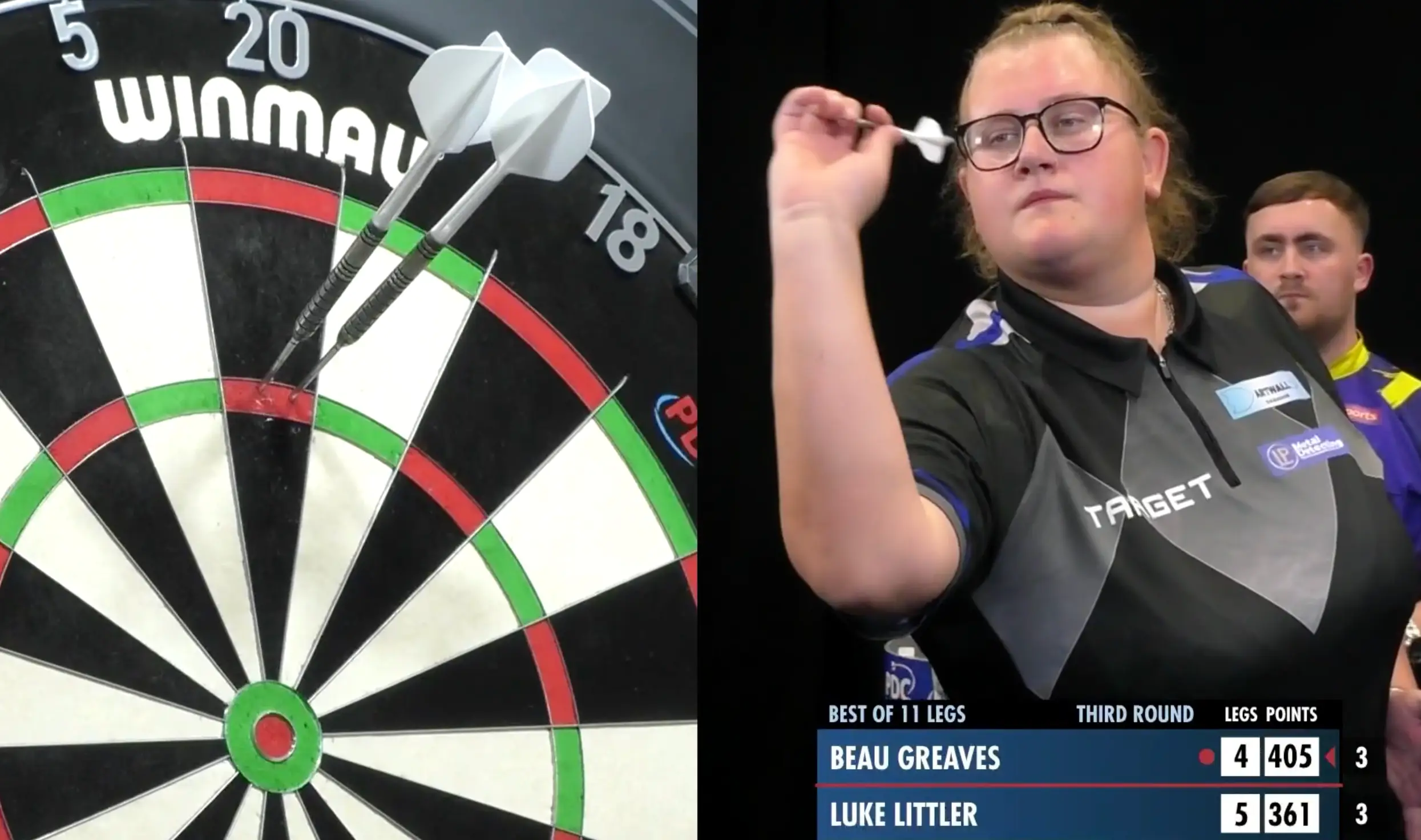 Greaves averaged 105 in her 6-5 win over Littler, who averaged 107 (image from their PC24 match in August) (Image: PDC)