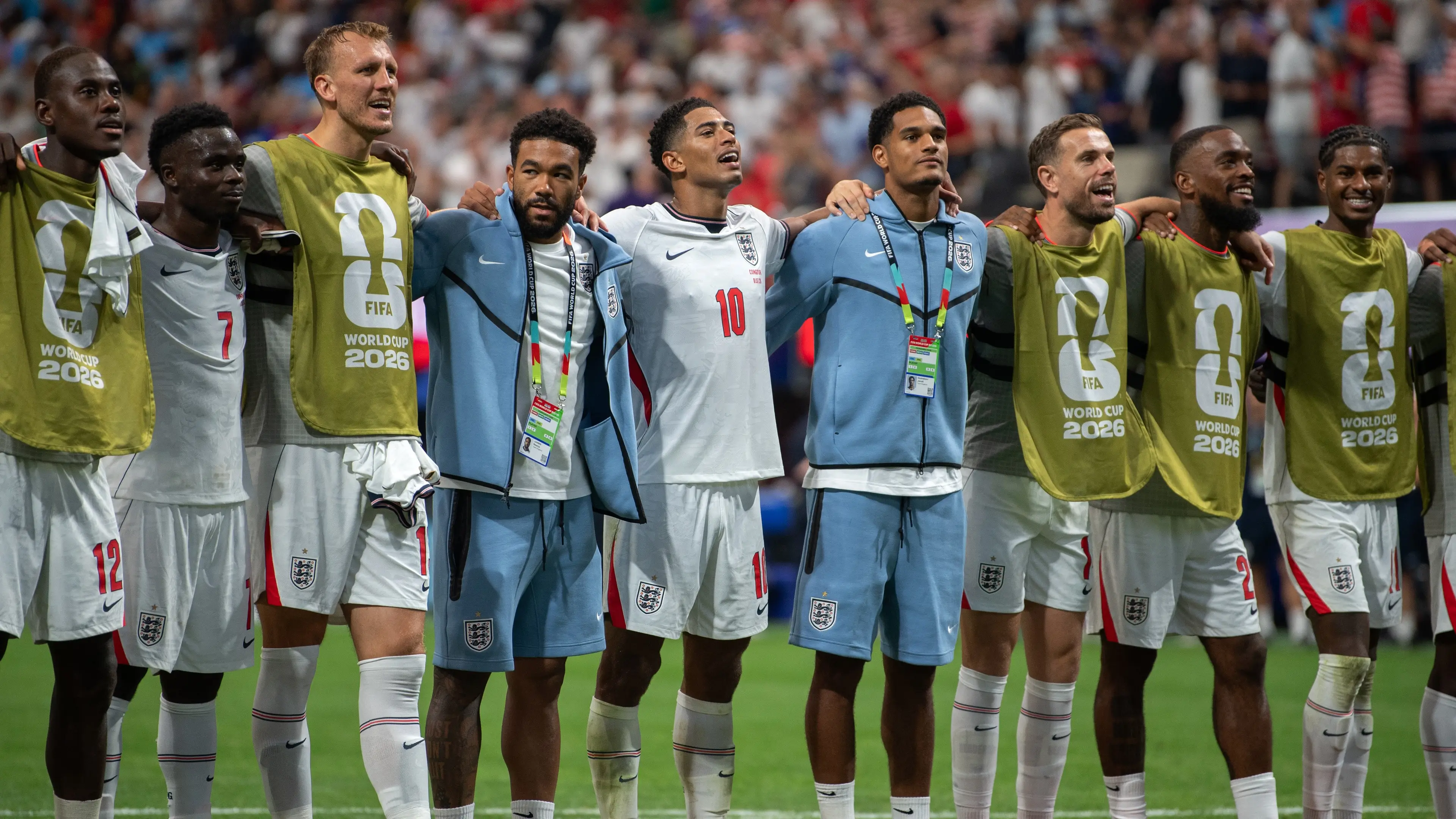 Trevoh Chalobah, Bukayo Saka, Dan Burn, Reece James, Jude Bellingham, Jarell Quansah, Jordan Henderson, Ivan Toney and Marcus Rashford of England acknowledge
