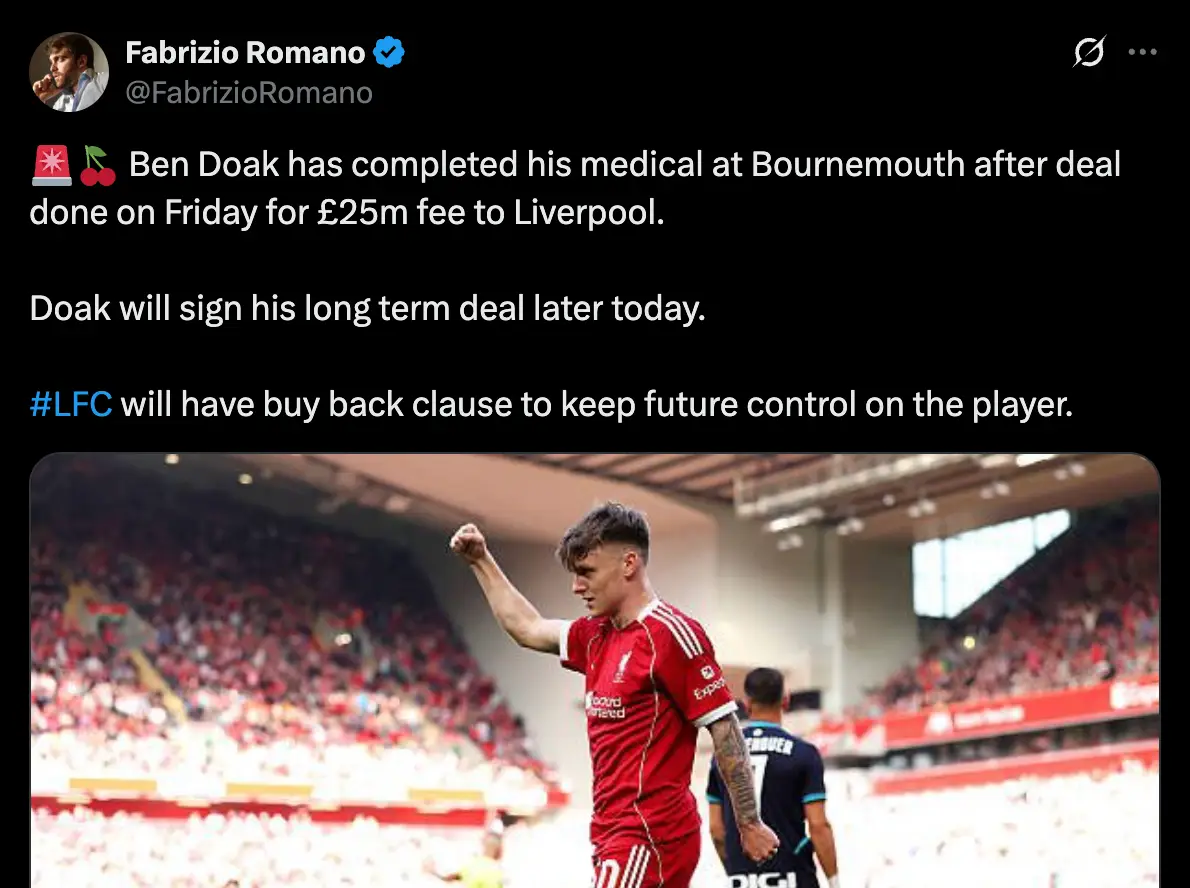 Ben Doak is set to join Bournemouth in a £25 million deal (Image: Fabrizio Romano)