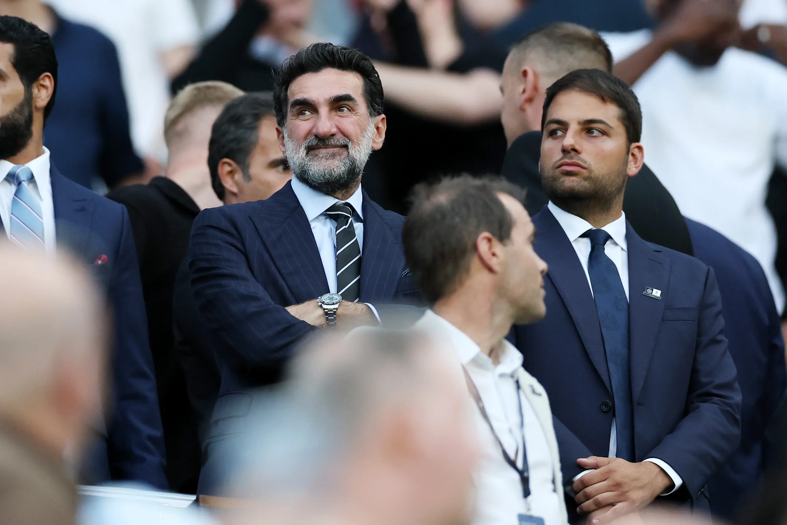 Newcastle big wigs Yasir Al-Rumayyan and Jamie Reuben watched Newcastle United's game against Liverpool from the stands. Image: Getty