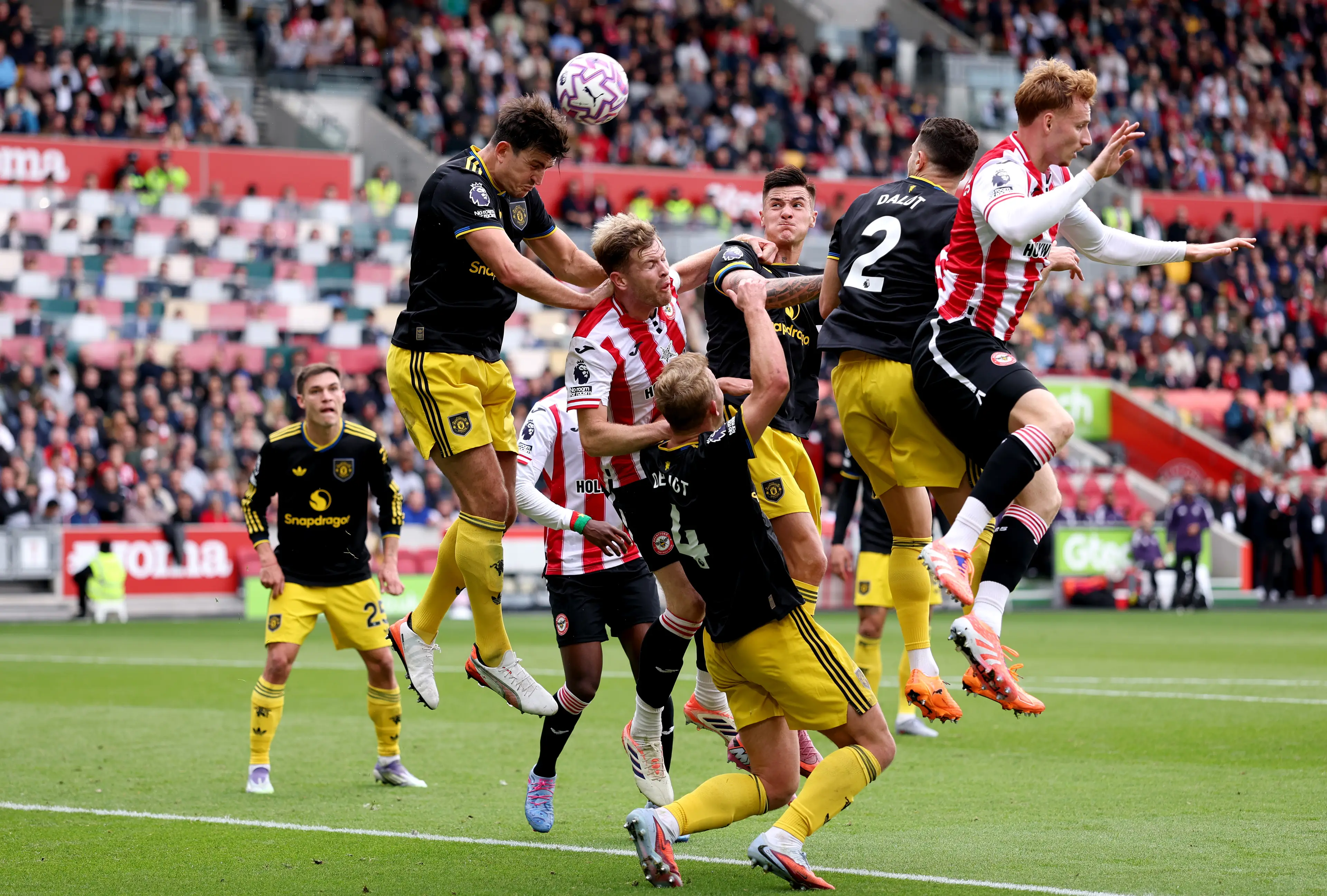 Harry Maguire in action against Brentford. Image: Getty 