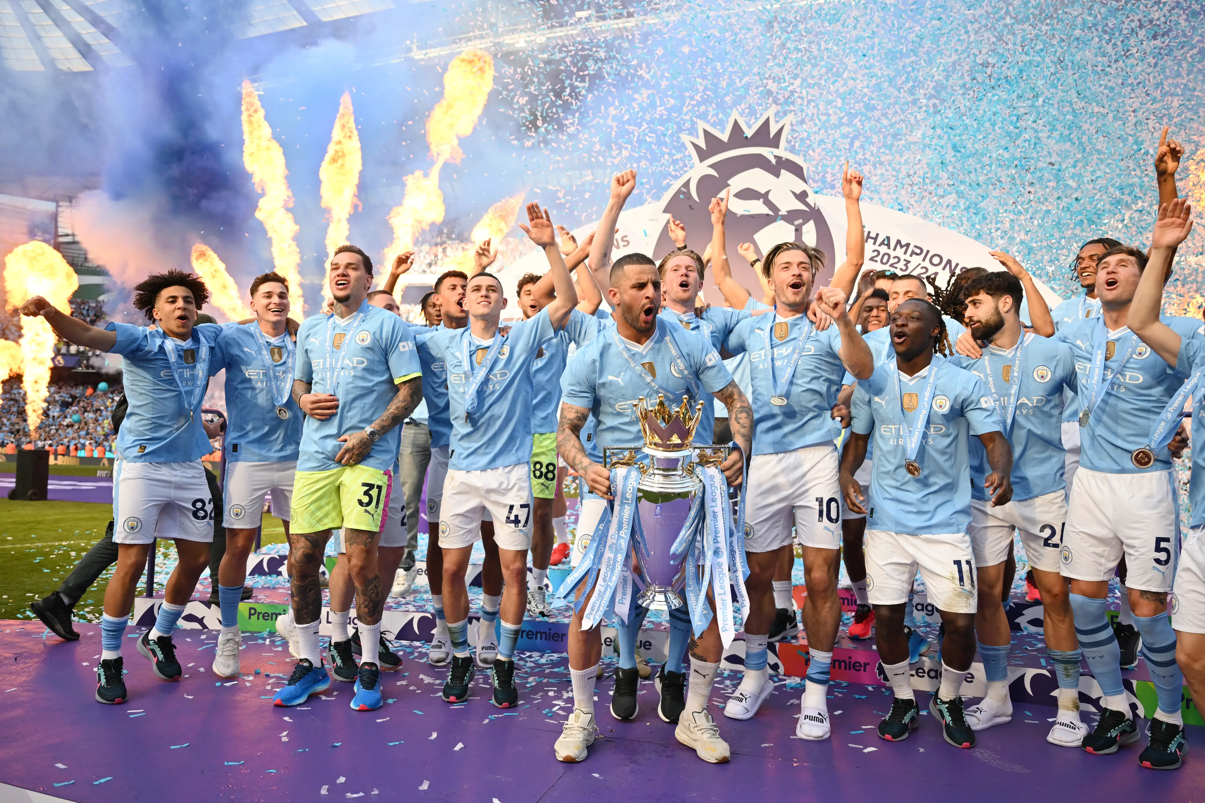 Manchester City celebrate winning the Premier League title. Image: Getty 