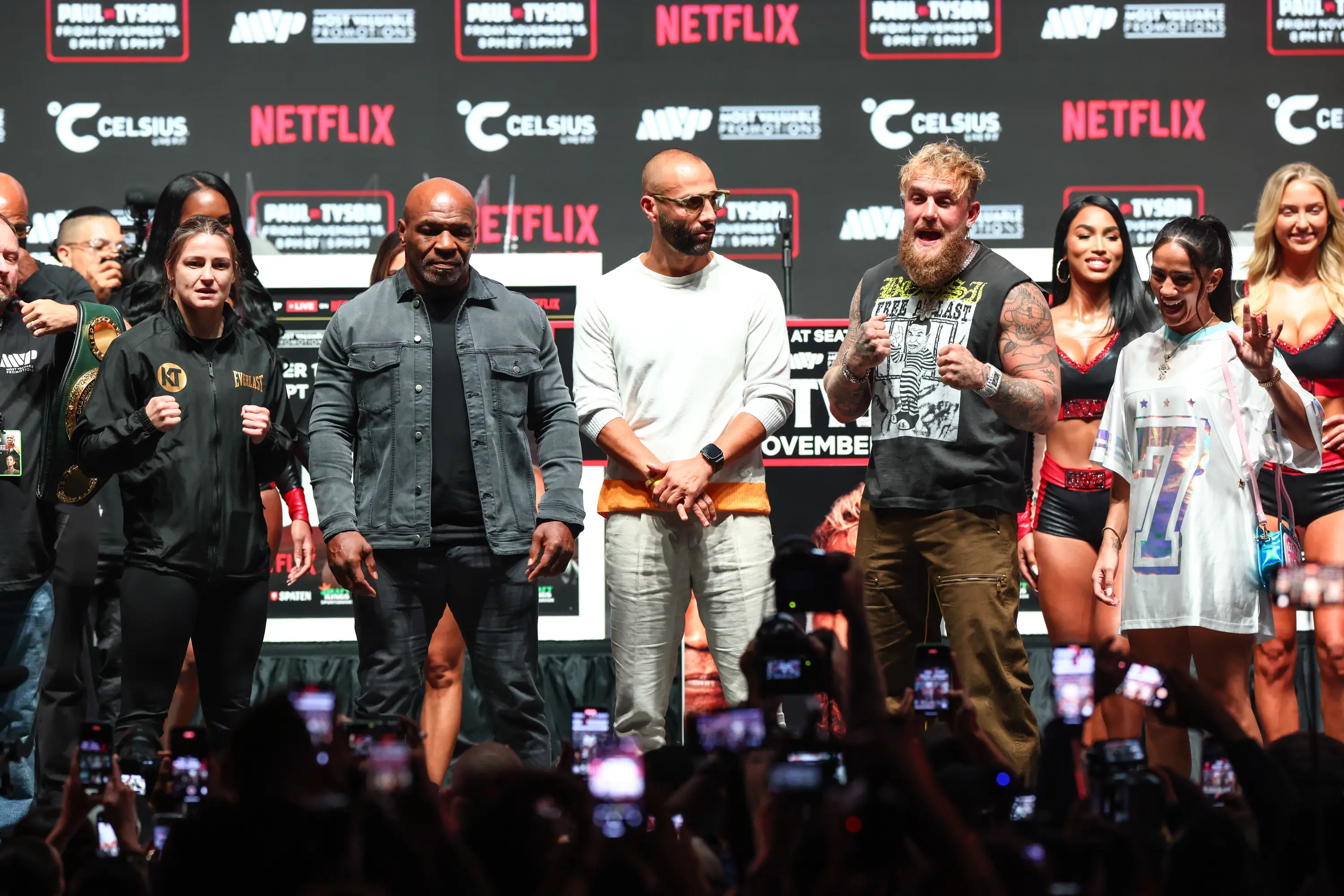 Mike Tyson and Jake Paul pose after the final press conference. Image: Getty