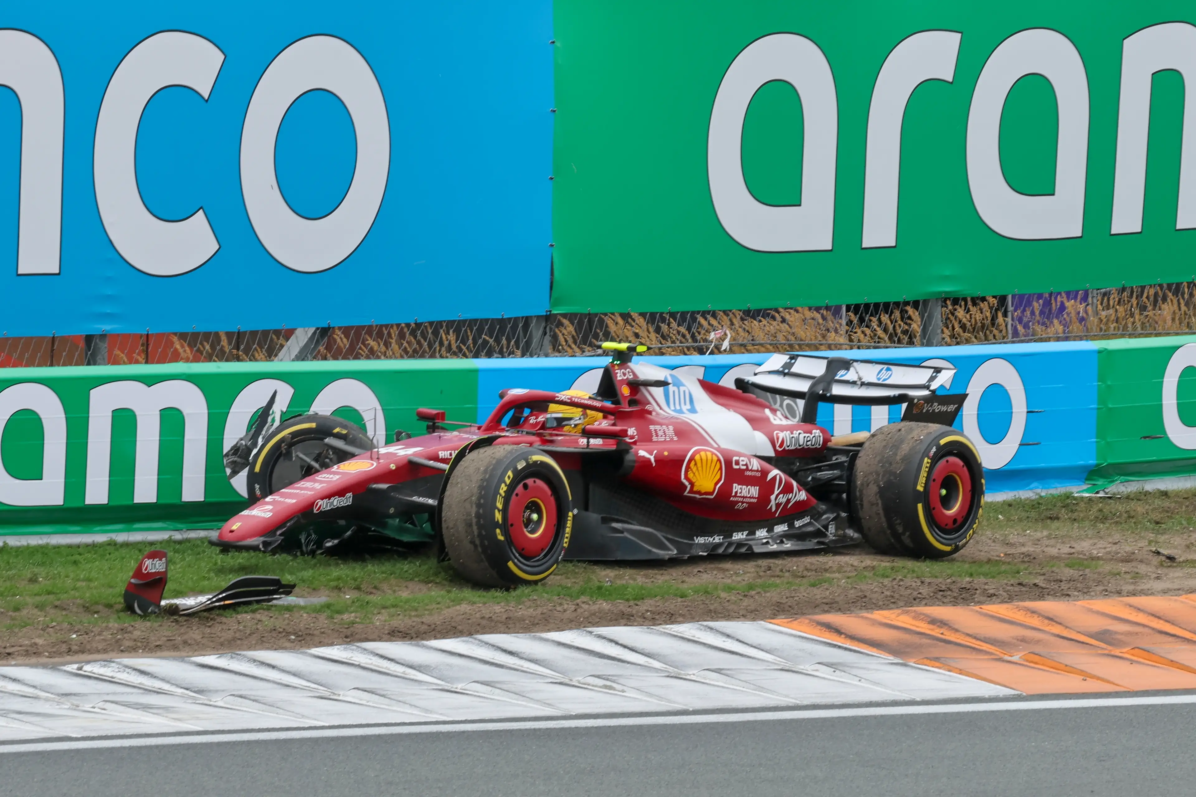 Hamilton crashed out of the Dutch GP. Image: NurPhoto / Contributor via Getty