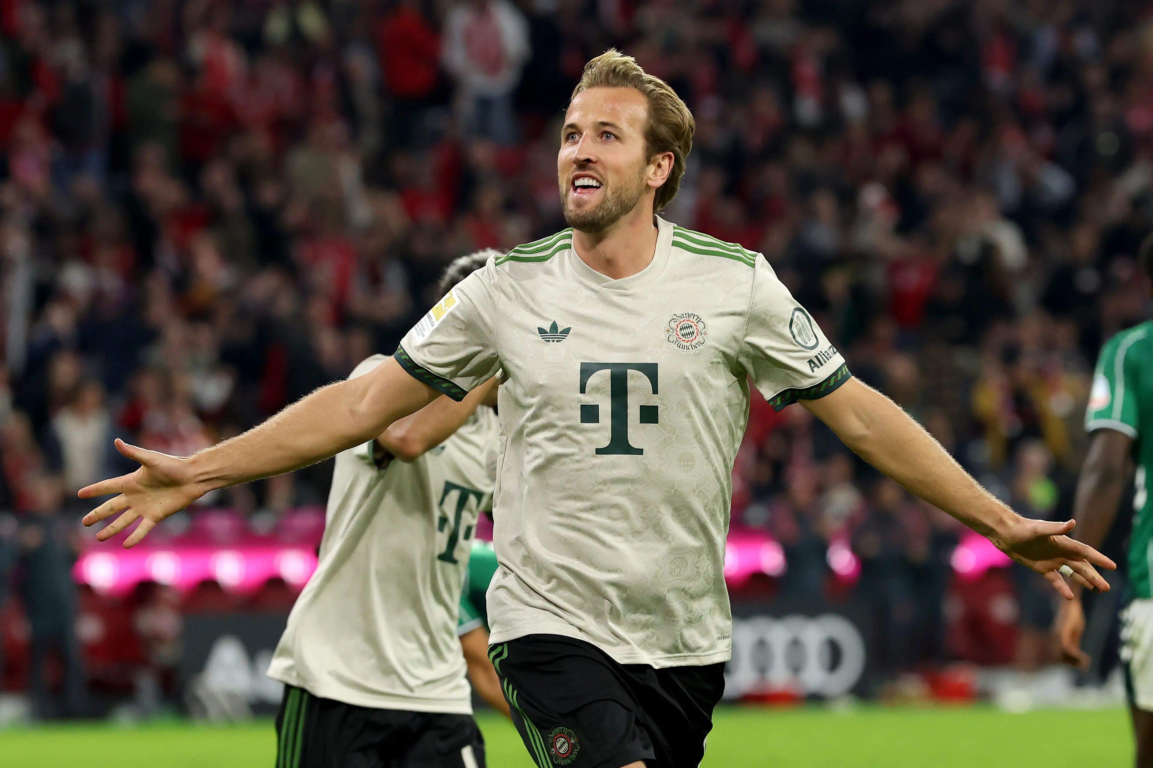 Harry Kane celebrates scoring for Bayern Munich against Werder Bremen. Image: Getty