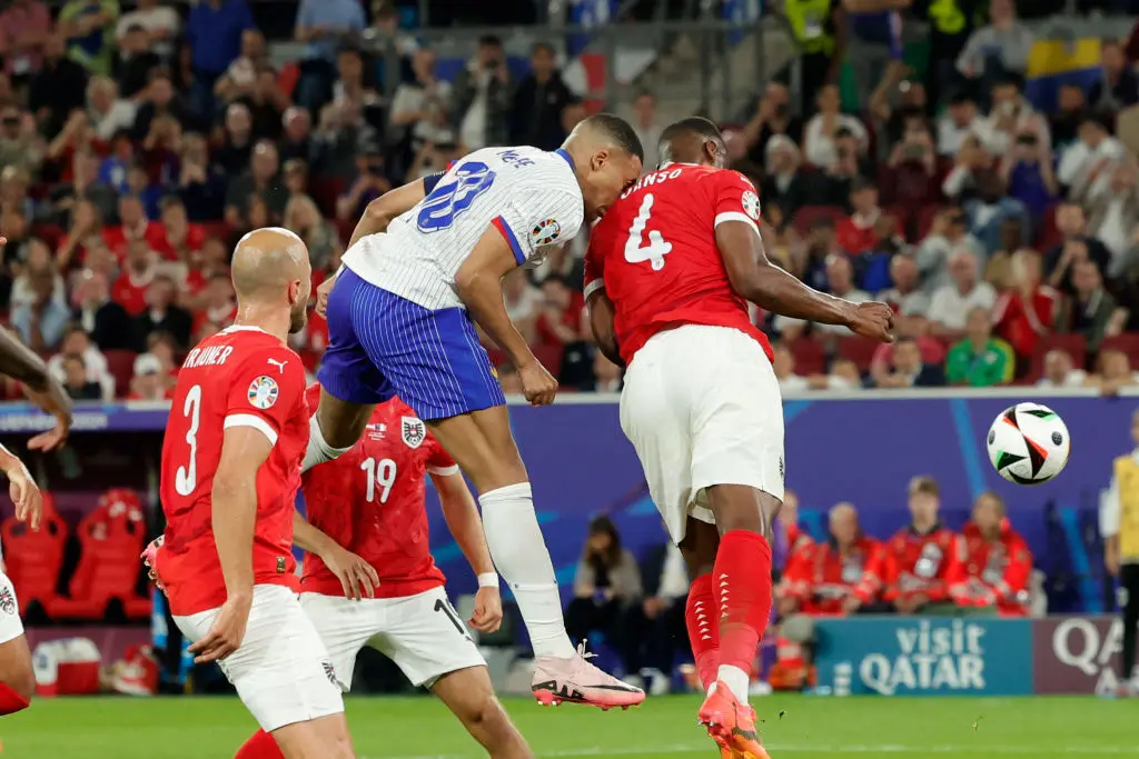 Kylian Mbappe collided with Kevin Danso's shoulder during the Euro 2024 group game between Austria and France (