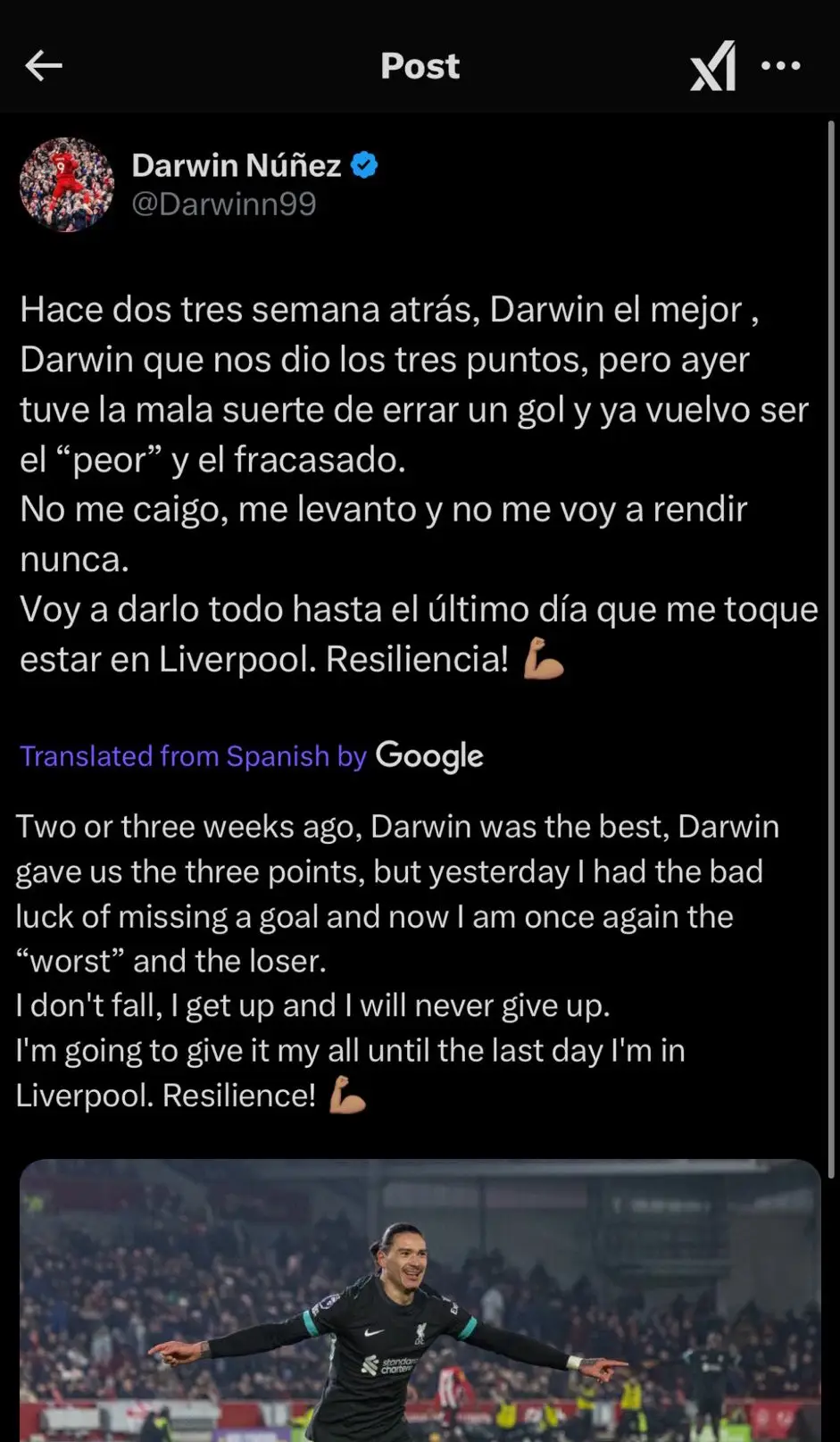Darwin Nunez deleted his initial reaction to the match just two minutes after posting it. (Image: X)