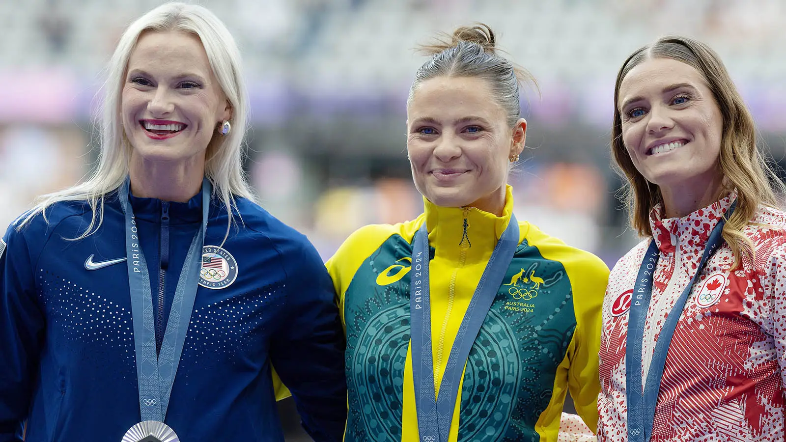 Newman pictured alongside USA's Katie Moon (silver) and Australia's Nina Kennedy (gold) during the Paris 2024 women's pole vault medal ceremony (Image: Getty)