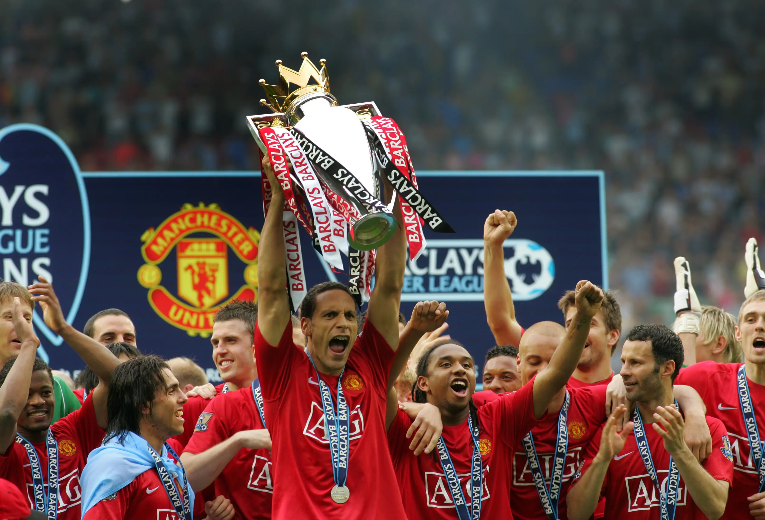 Rio Ferdinand celebrates winning the Premier League with Manchester United. Image: Getty 