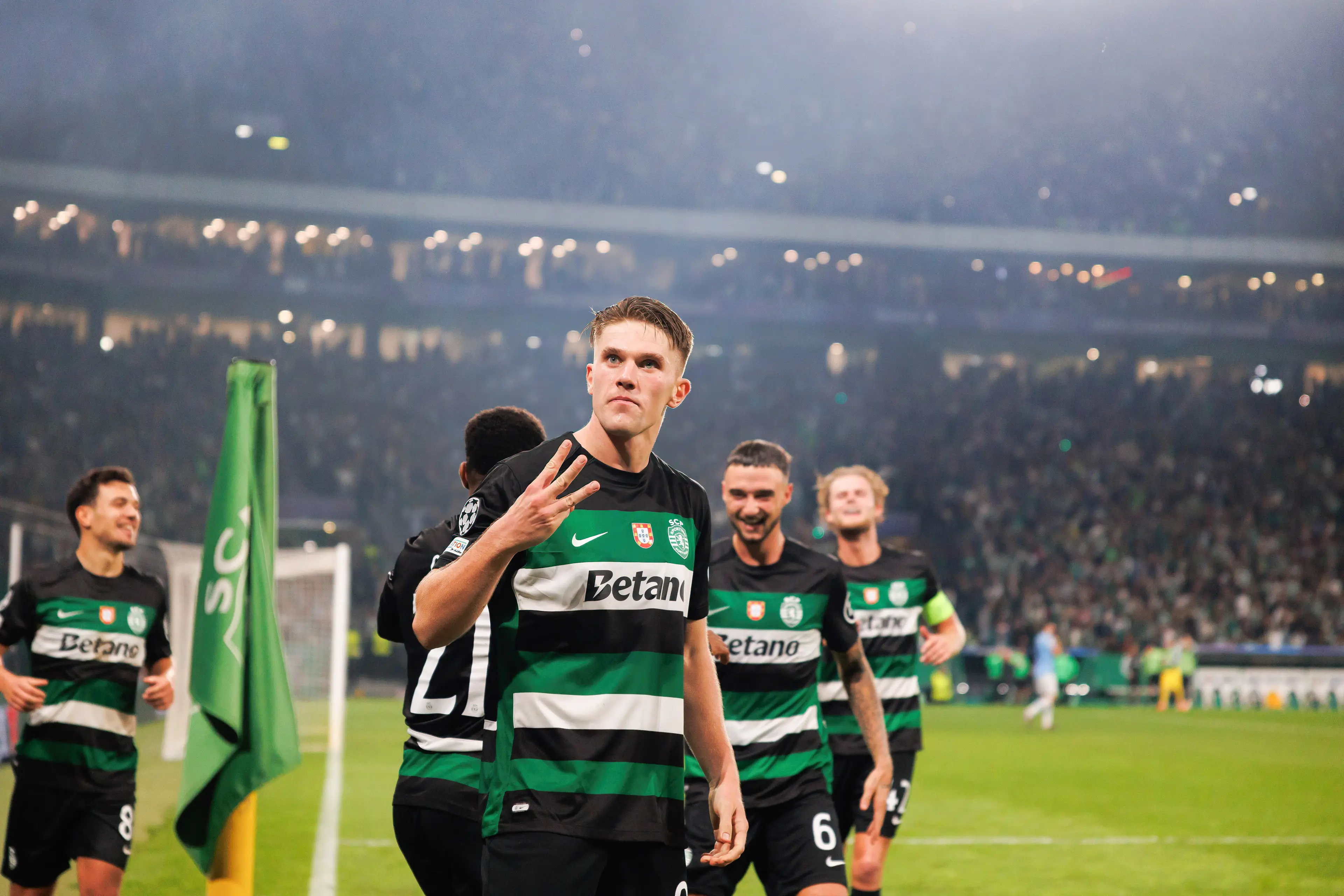 Viktor Gyokeres celebrates scoring a hat-trick against Manchester City in the Champions League. Image: Getty 