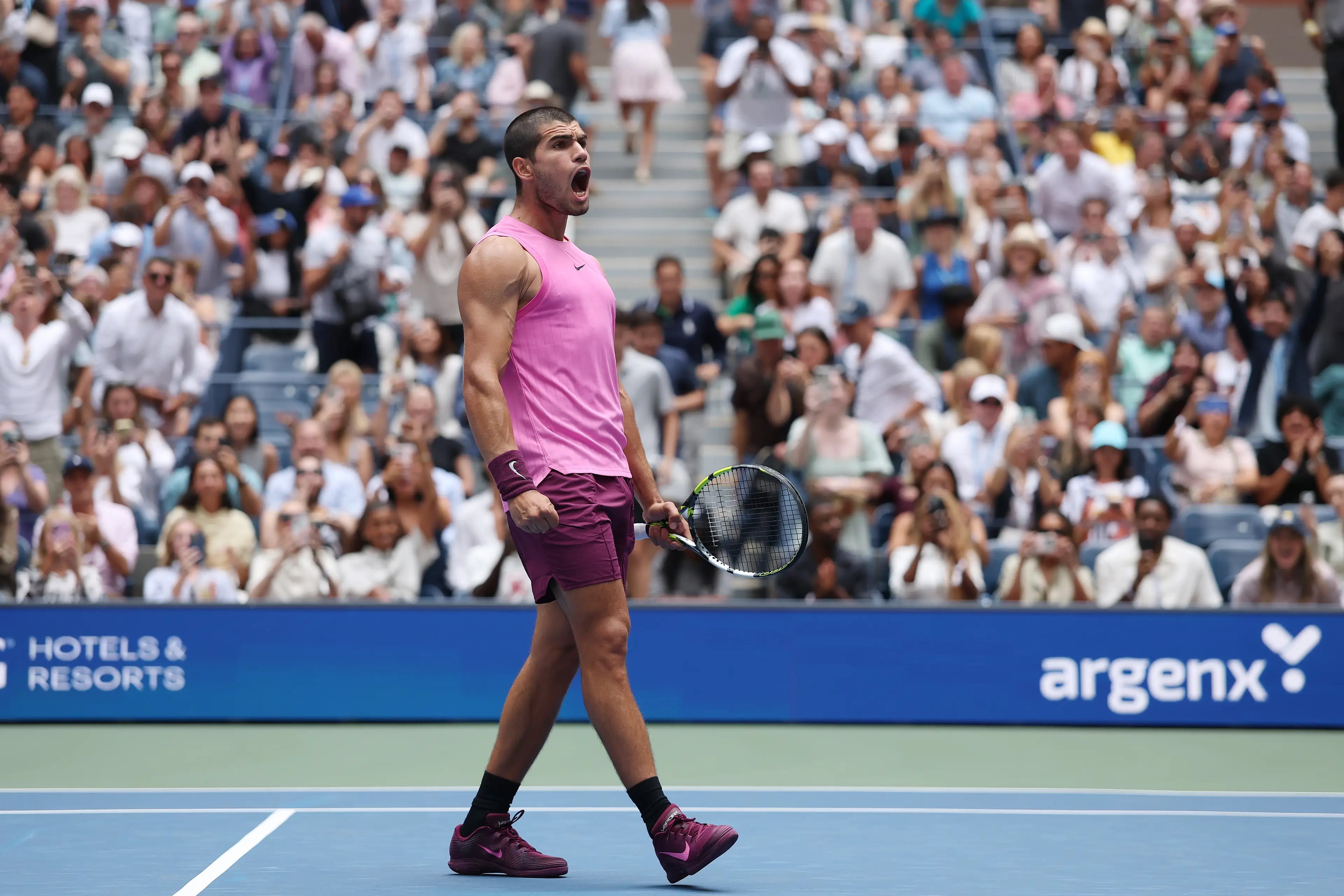Carlos Alcaraz celebrates at the US Open. Image: Ishika Samant / Staff via Getty