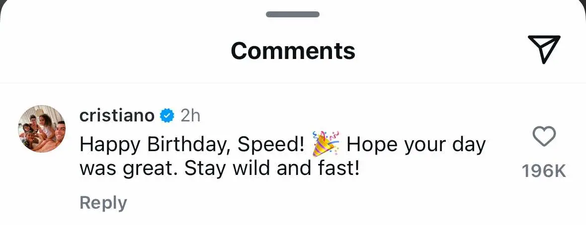 Cristiano Ronaldo sent Speed a birthday message. Image: Instagram