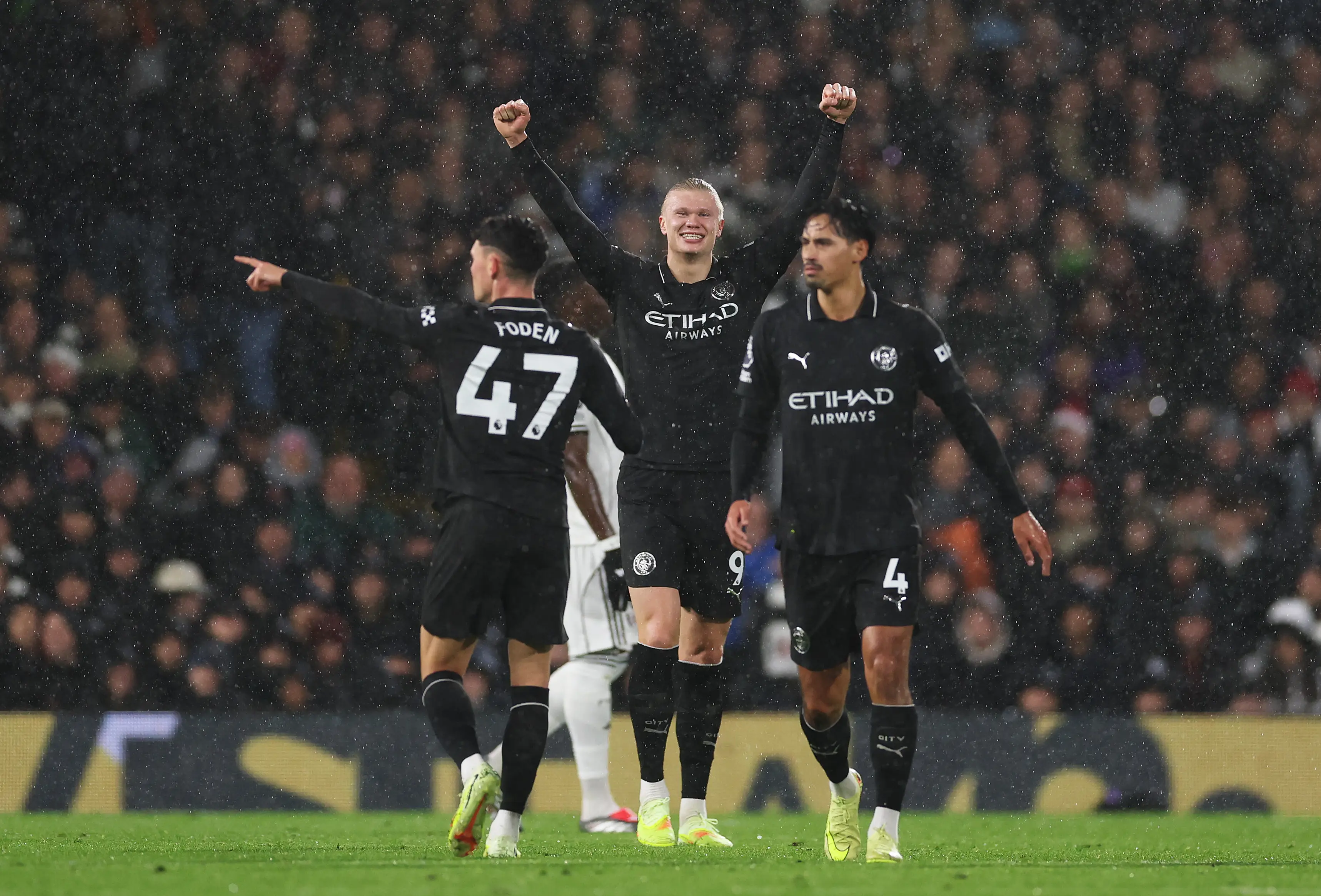 Haaland celebrates scoring his 100th Premier League goal. Image credit: Getty