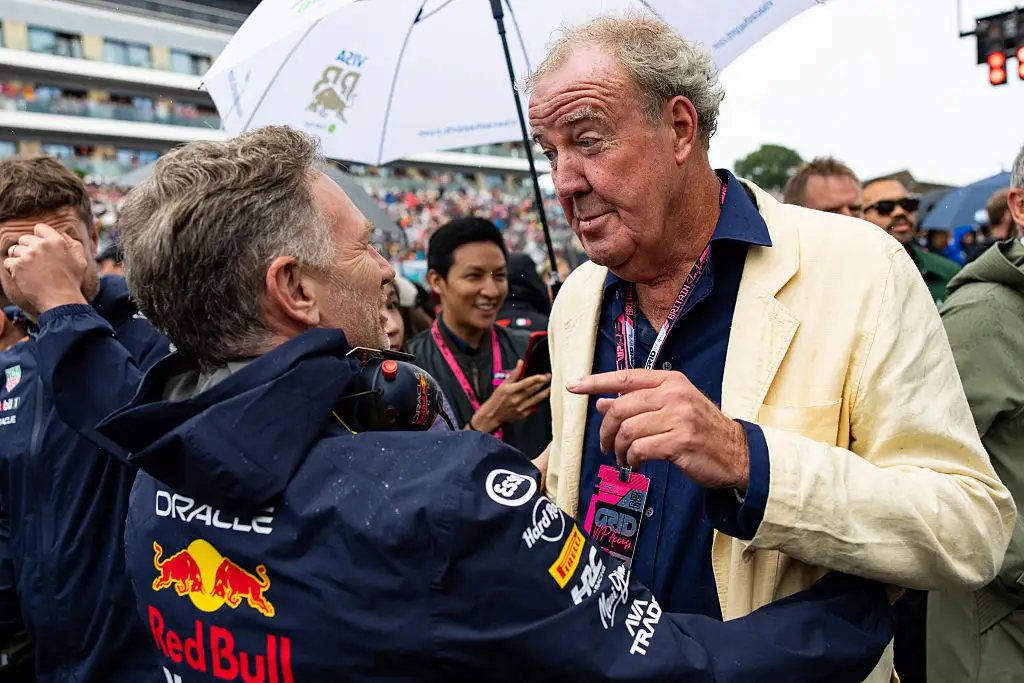 Jeremy Clarkson was spotted chatting with Christian Horner at the British Grand Prix. (Image: Getty)