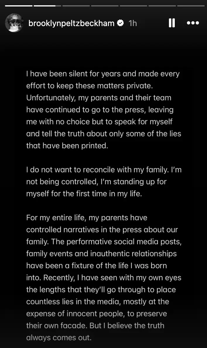 Brooklyn Beckham made a series of explosive claims about his family. Image: Instagram/@brooklynbeckham