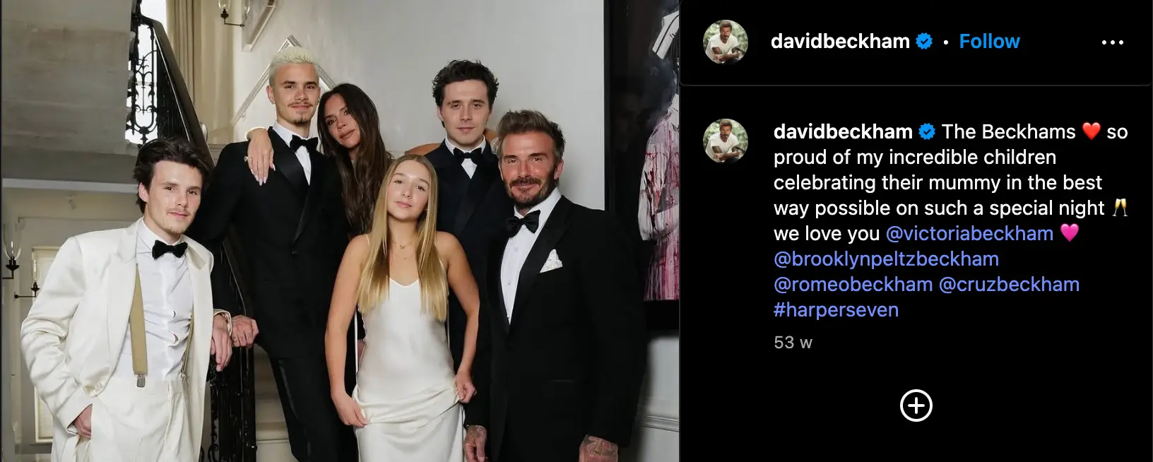 David Beckham with children Brooklyn, Romeo, Harper and Cruz, and wife Victoria (third from left) (Image: Instagram/@davidbeckham)