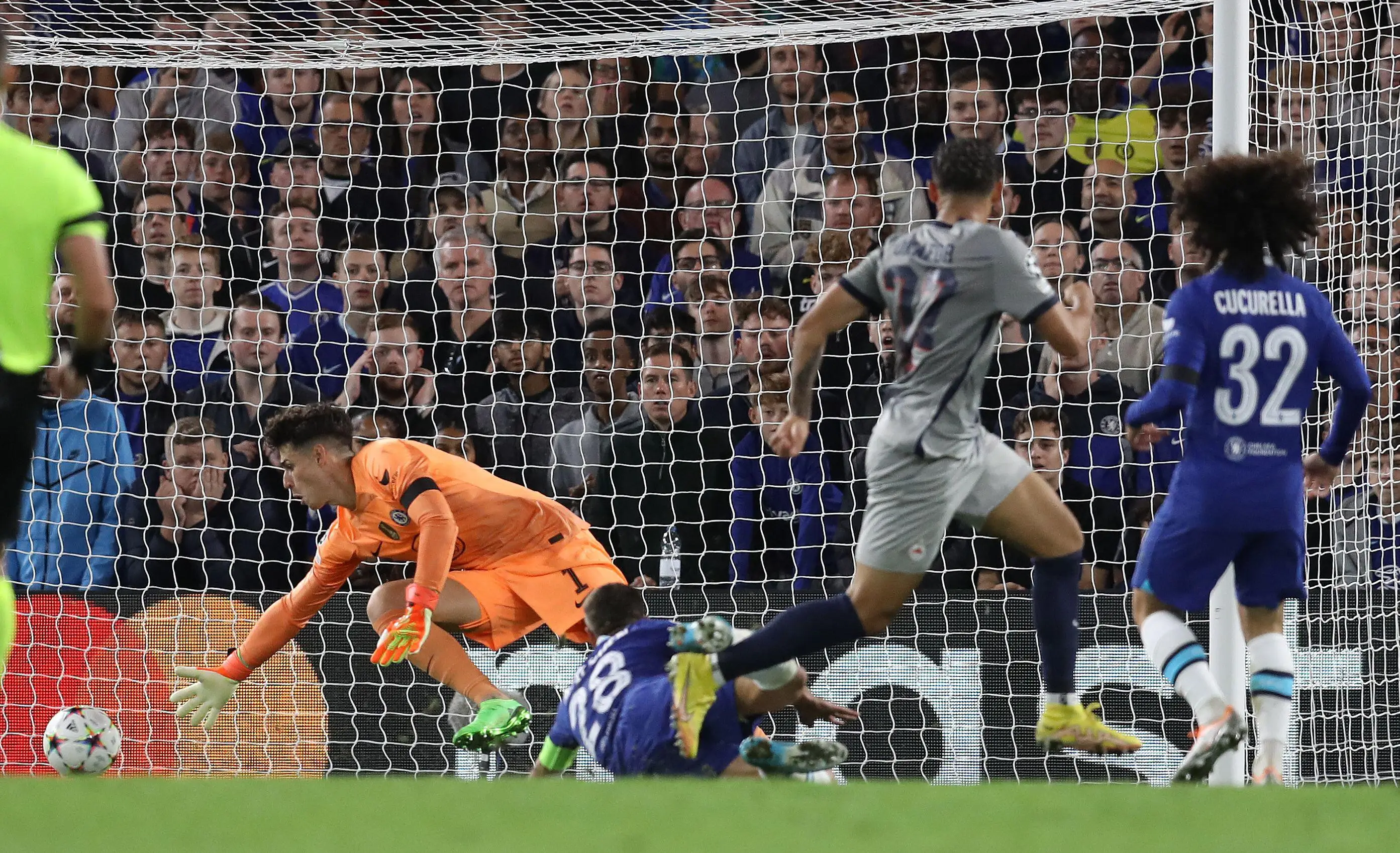Noah Okafor scoring past Kepa Arrizabalaga to make it 1-1 at Stamford Bridge. (Alamy)