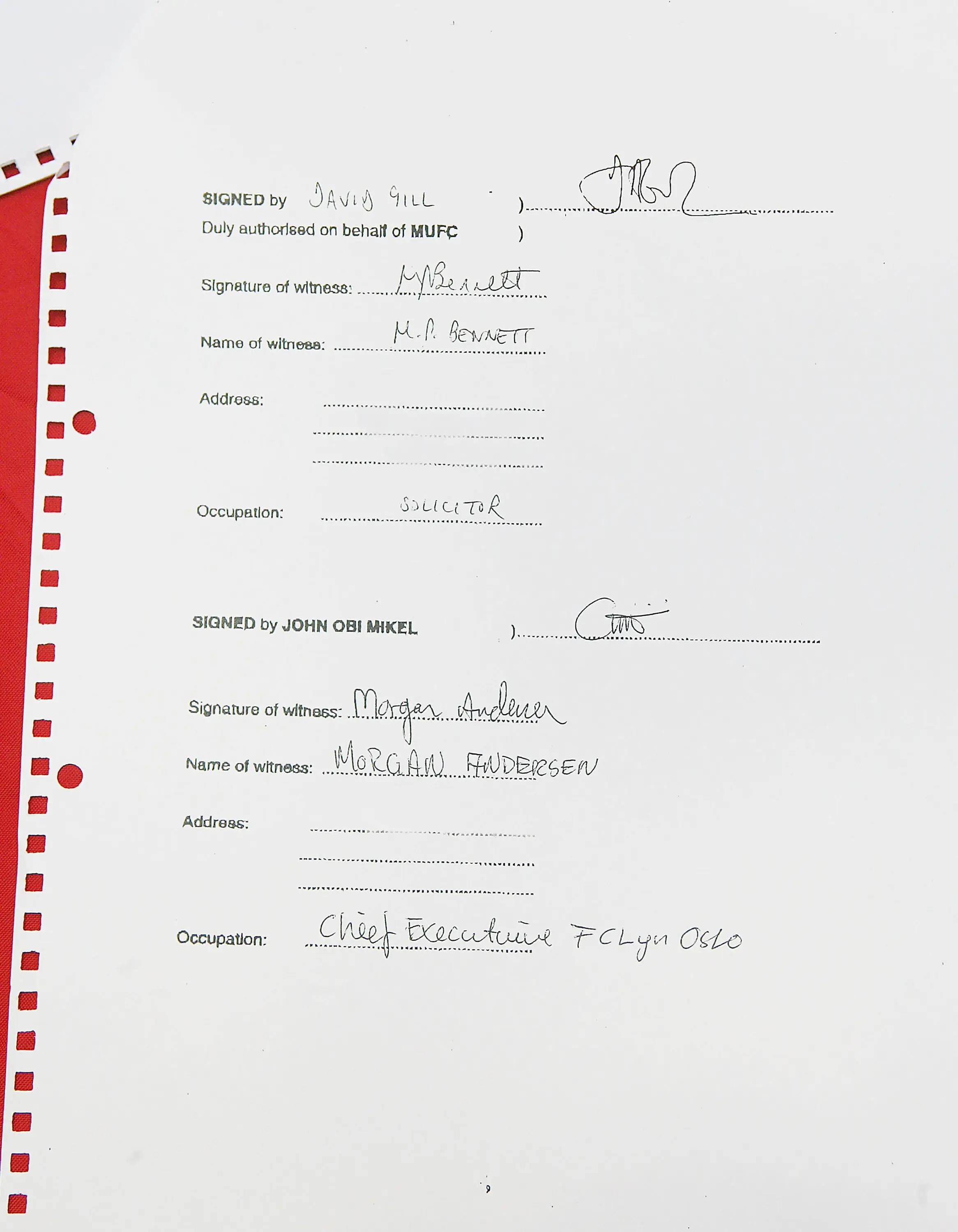 A copy of the contract between Manchester United and John Obi Mikel photographed at Old Trafford on May 12, 2005. Image credit: Getty 