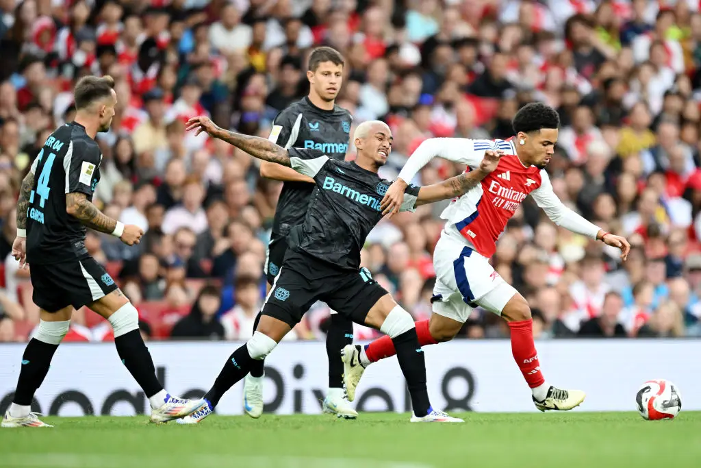 Arsenal's Ethan Nwaneri pictured in action against Bayer Leverkusen -