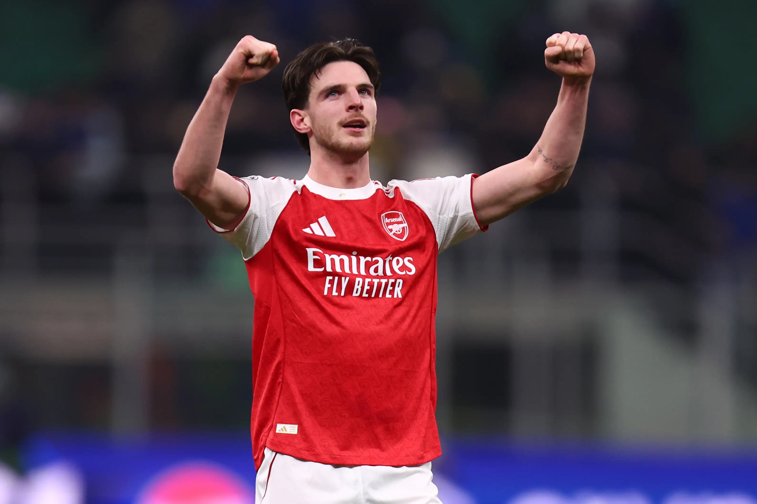 Declan Rice celebrates Arsenal's win over Inter Milan. Image: Getty 