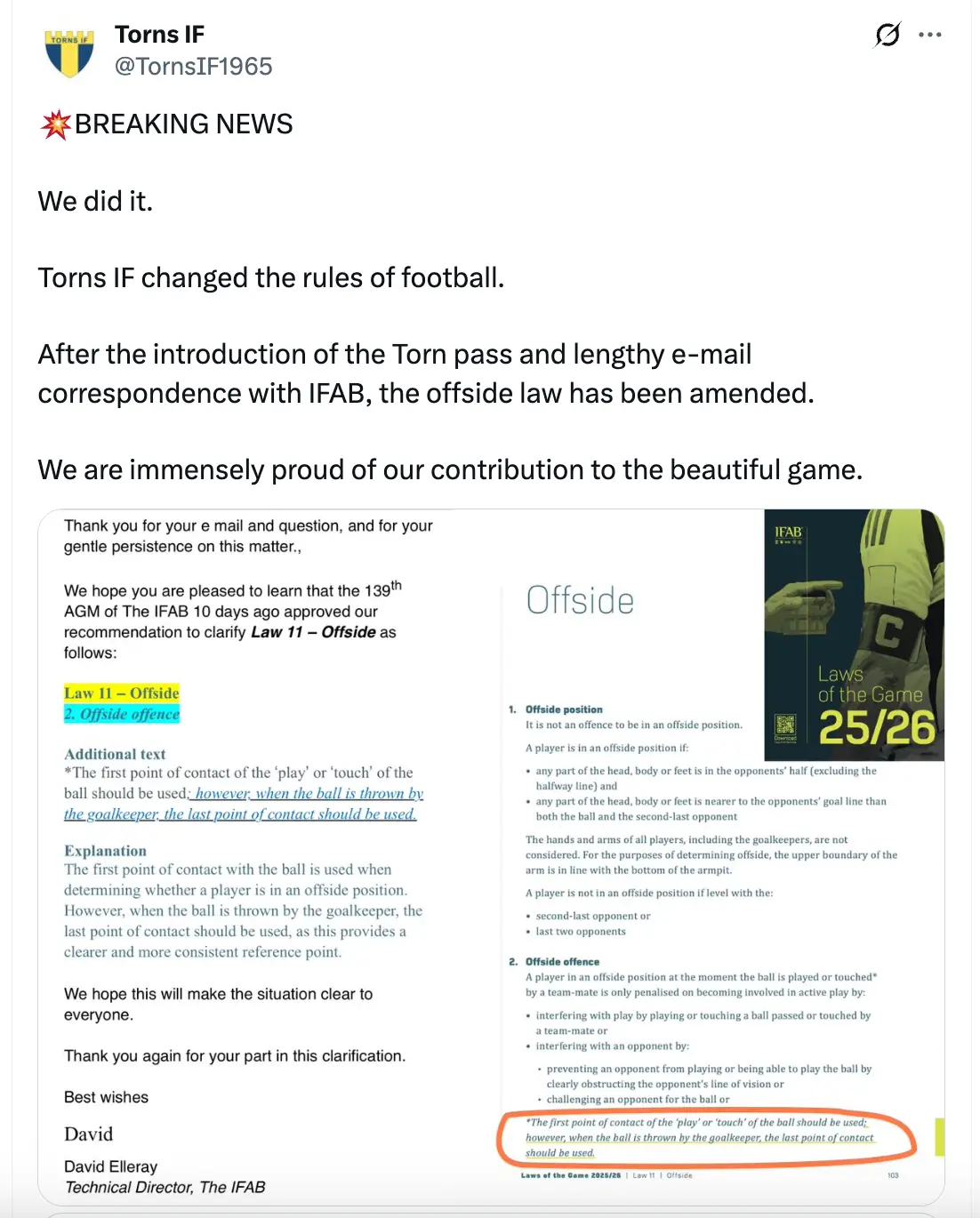 Torns say they are "immensely proud" of their contribution to the game. Image credit: X/@TornsIF1965