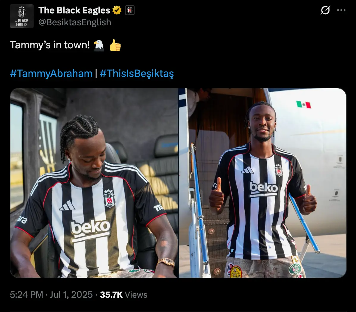 Tammy Abraham has signed for Besiktas on a season-long loan (Image: Twitter/Besiktas)