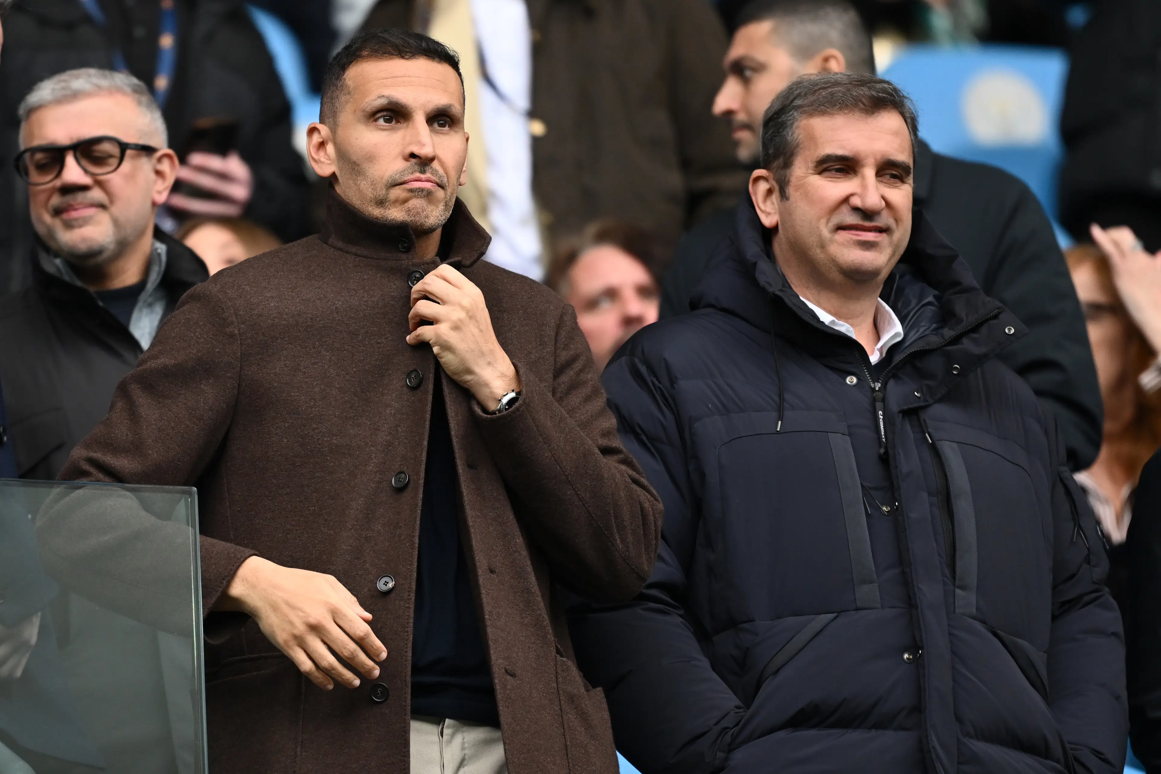Manchester City chiefs Khaldoon Al Mubarak and Ferran Soriano during a Premier League game. Image: Getty