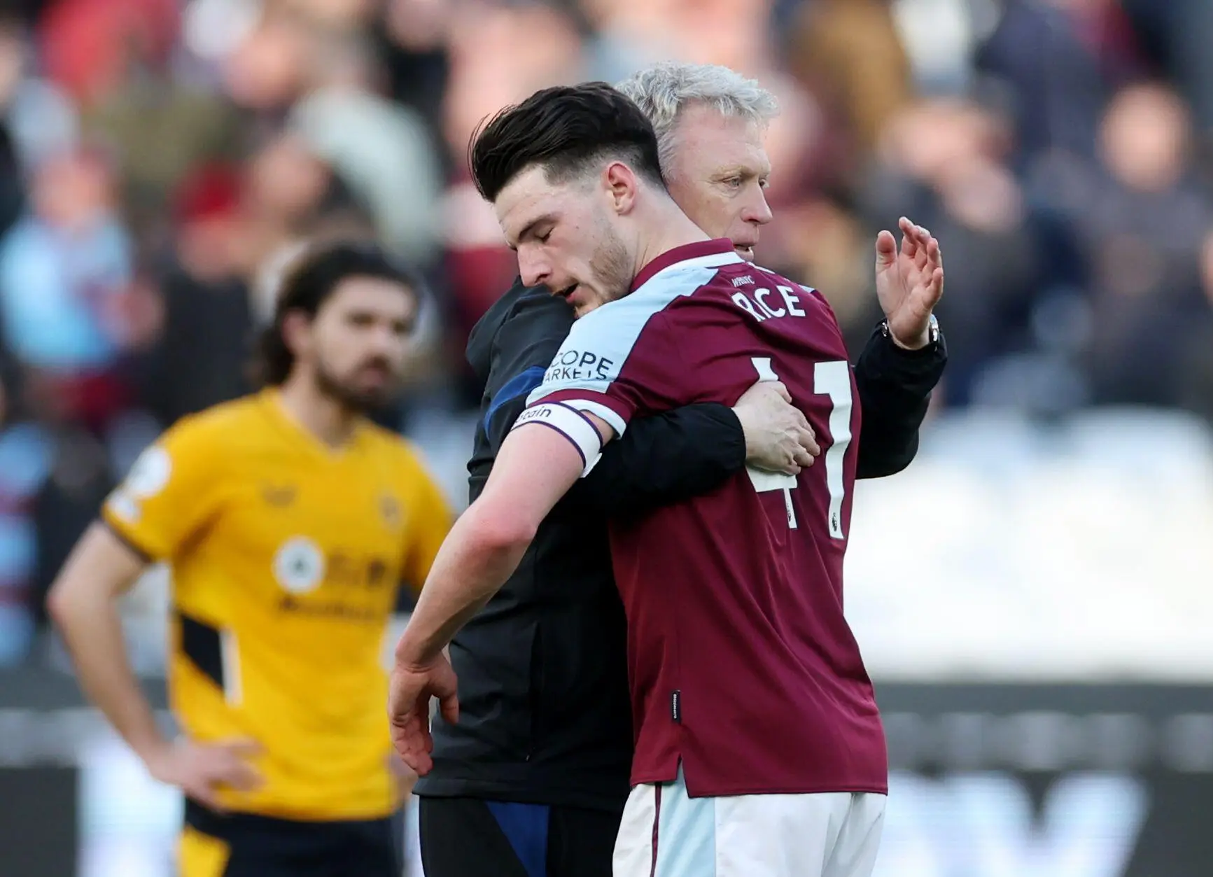 Moyes and Rice after West Ham's 1-0 win over Wolves in February. (Image