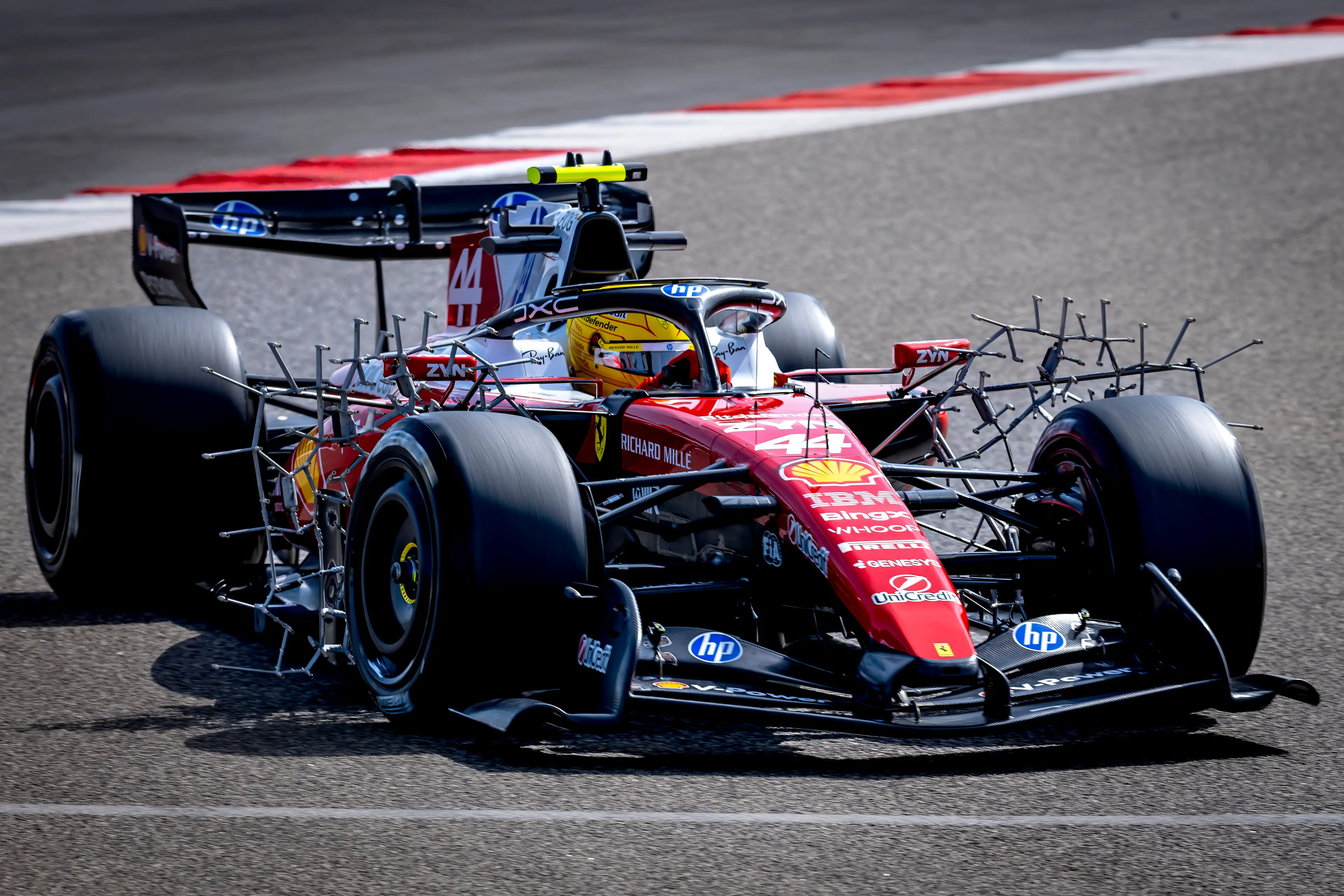 Lewis Hamilton on track in Bahrain. Image: Getty
