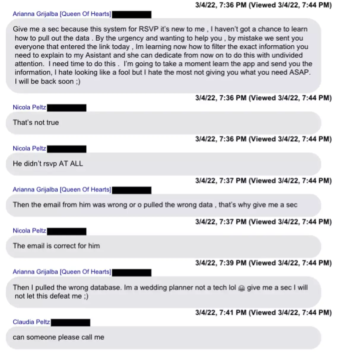 A selected number of alleged texts sent between Nicola Peltz and Arianna Grijalba (Image: CIRCUIT COURT OF THE ELEVENTH JUDICIAL CIRCUIT IN AND FOR MIAMI-DADE COUNTY, FLORIDA)