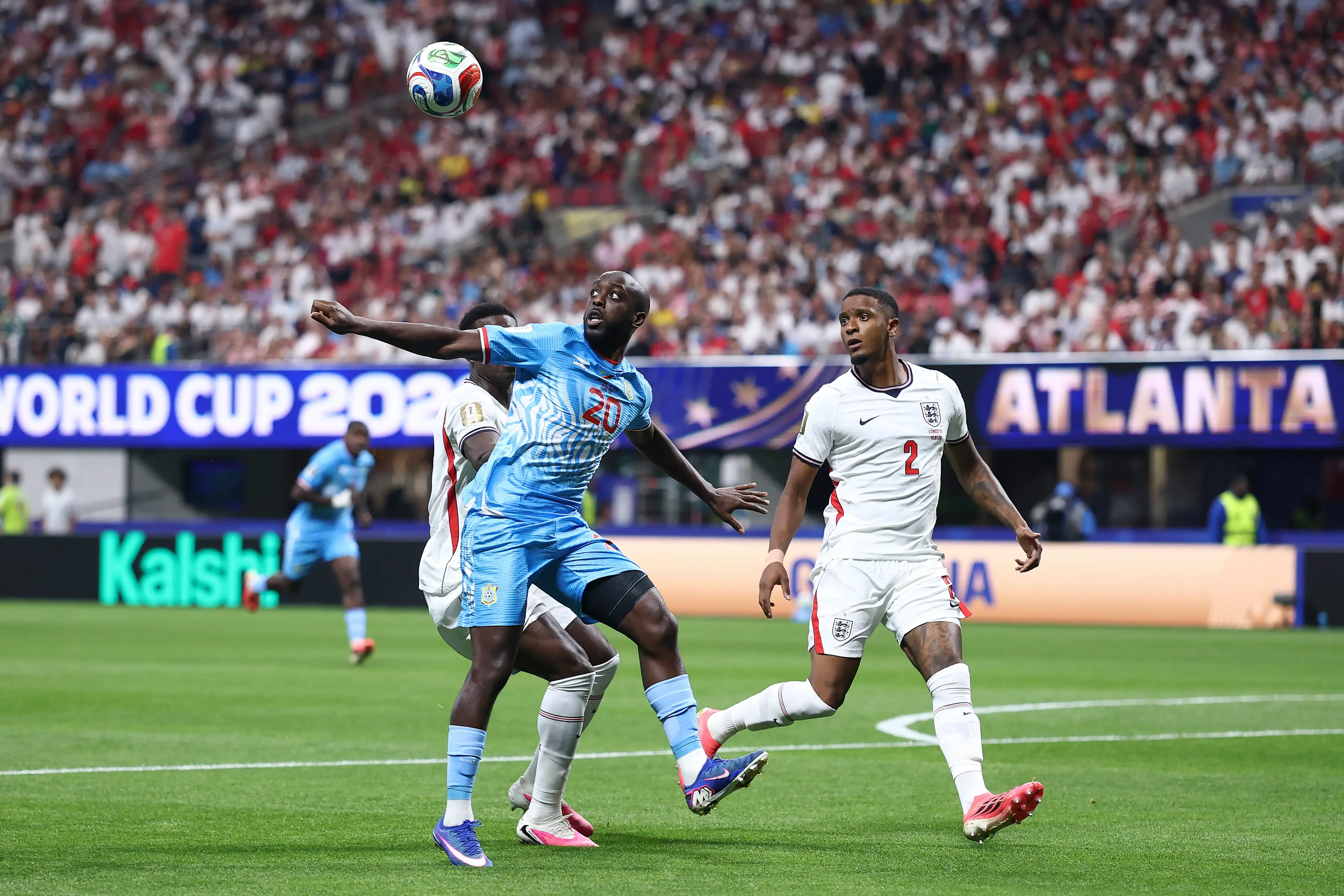 Yoane Wissa #20 of Congo DR controls the ball against Ezri Konsa #2 of England during the FIFA World Cup 2026 Round Of 32 match between England and Congo DR (Getty Images)