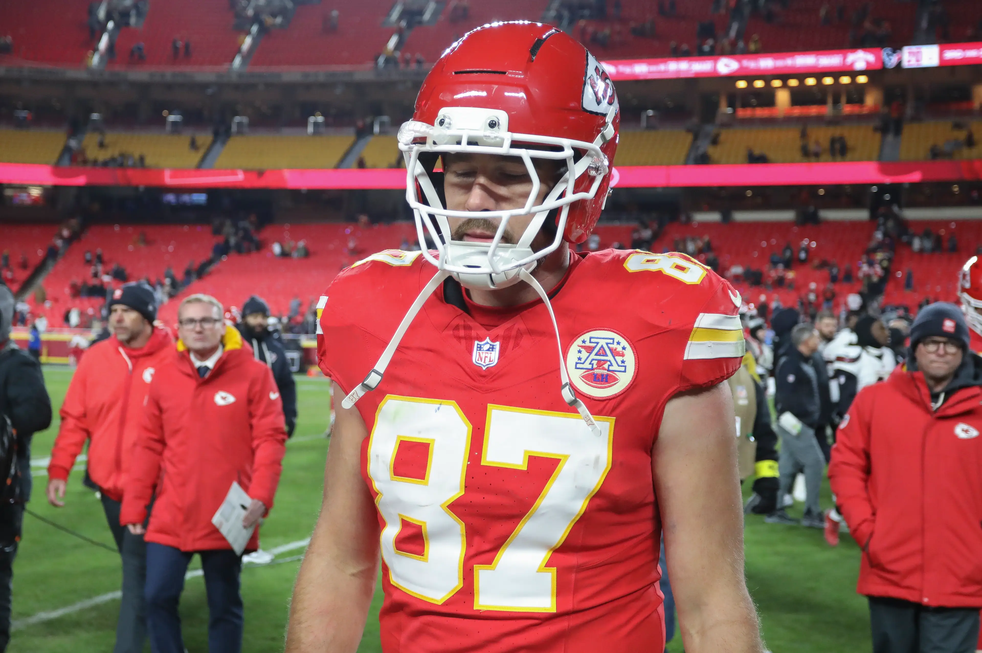 Travis Kelce following the defeat to the Houston Texans (Image: Getty)