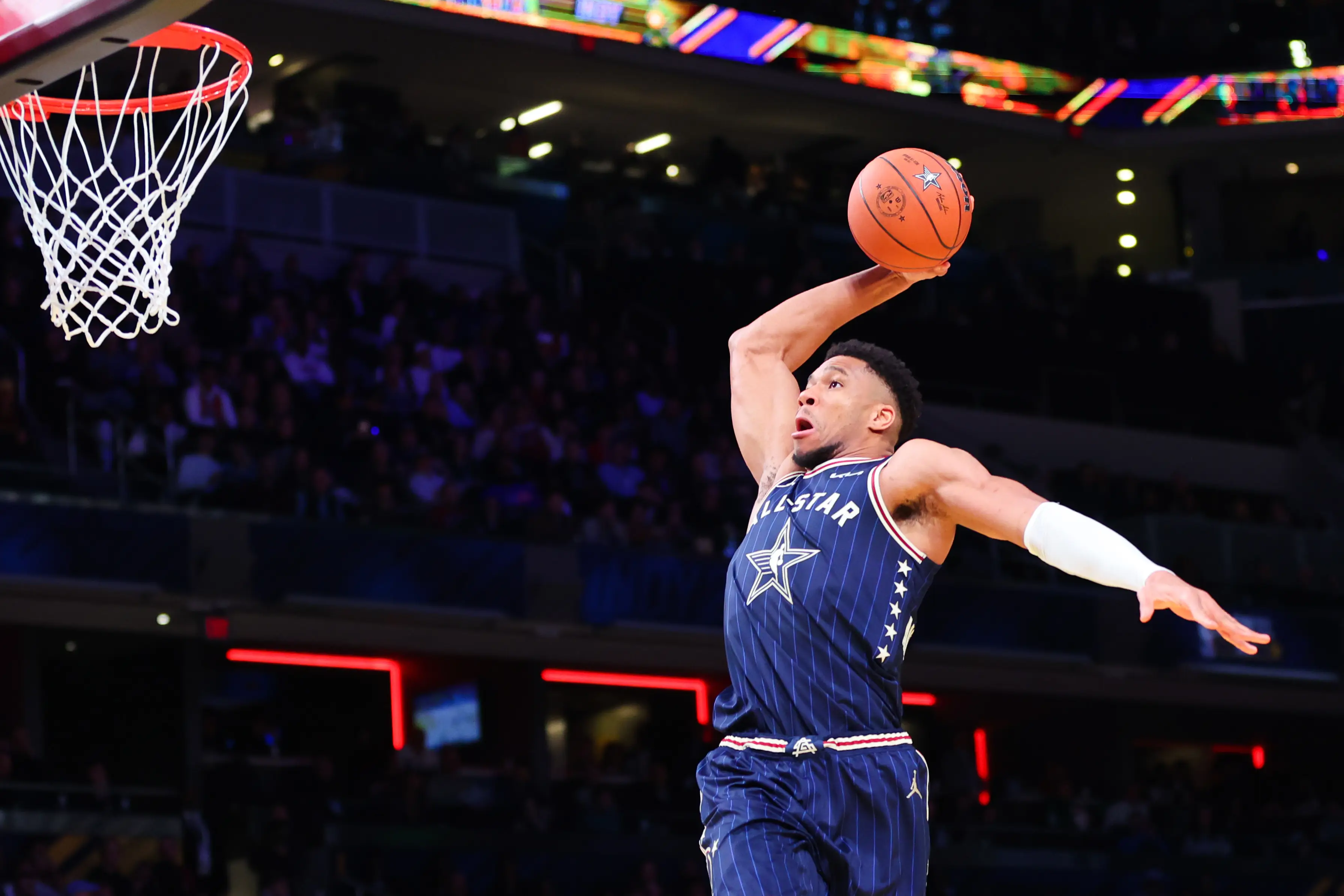 Giannis Antetokounmpo at the NBA All-Star game. Image: Stacy Revere / Staff via Getty
