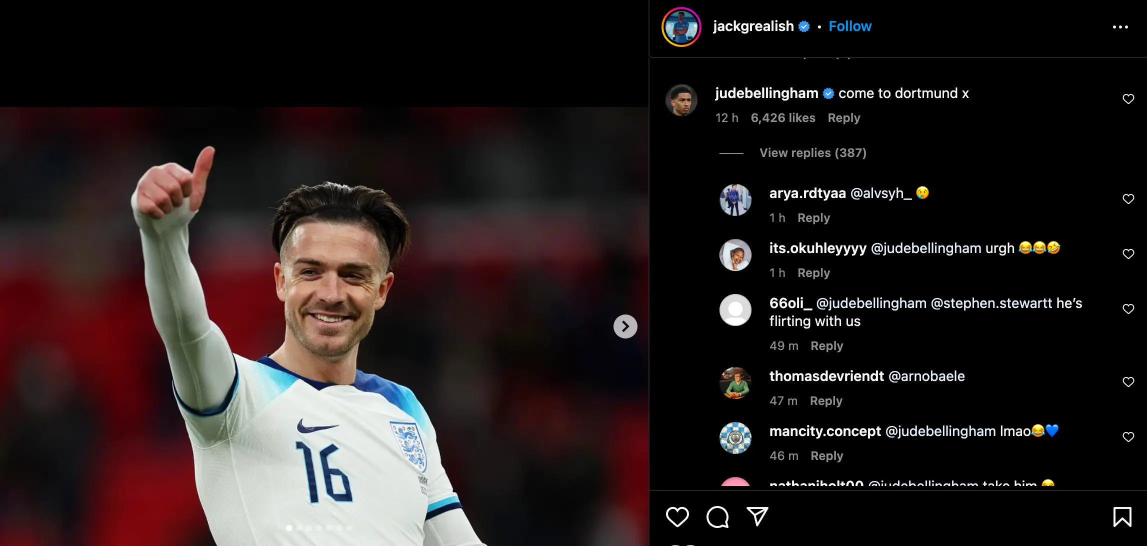 England midfielder Jude Bellingham sending an enticing offer to Manchester City star Jack Grealish.