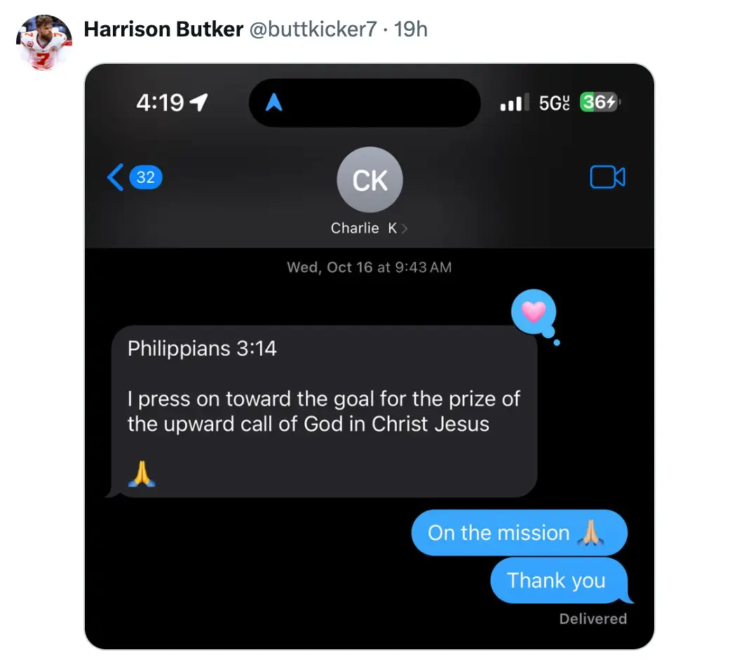 Butker posted a screenshot of the text message on X. Image credit: @buttkicker7