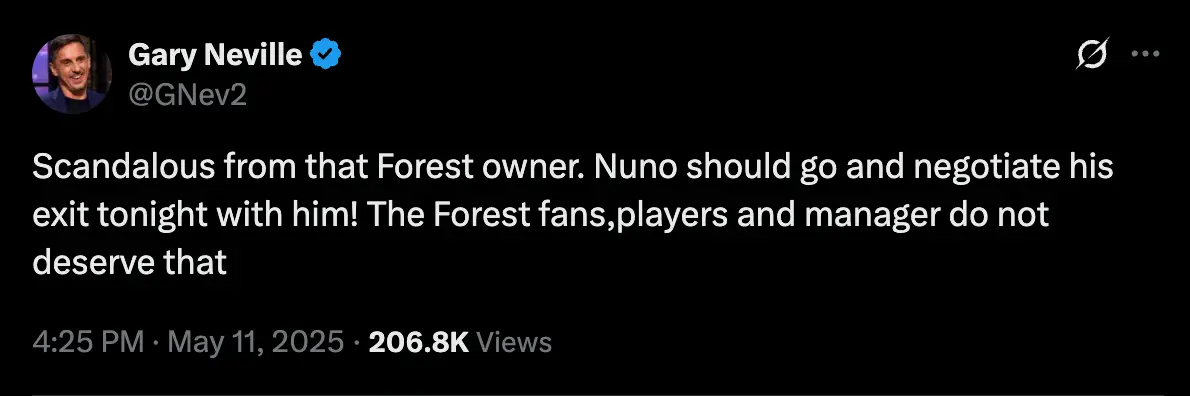 Gary Neville reacts to Nottingham Forest owner Evangelos Marinakis (Image: Twitter)