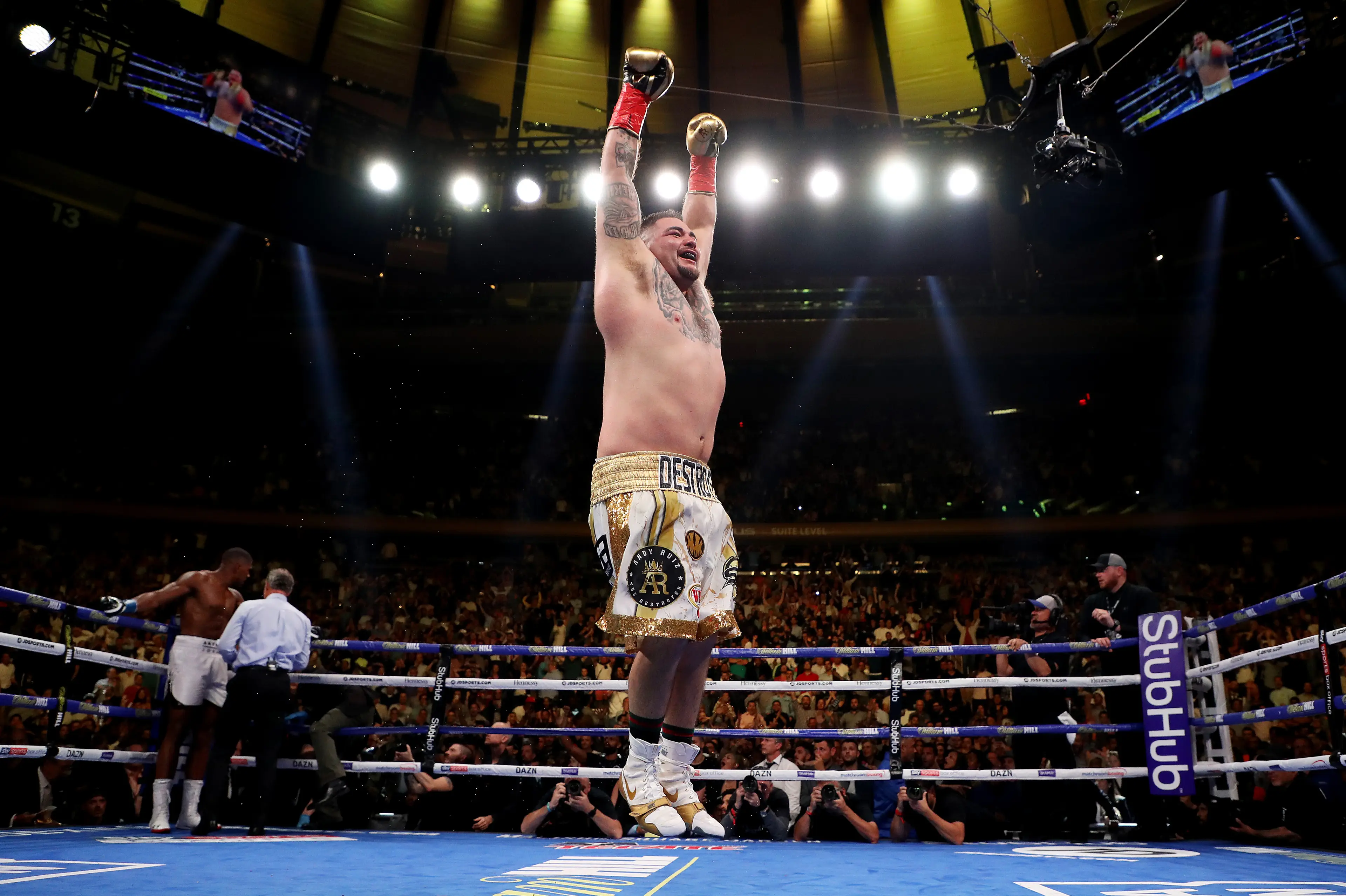 Andy Ruiz Jr celebrates beating Anthony Joshua. Image: Getty