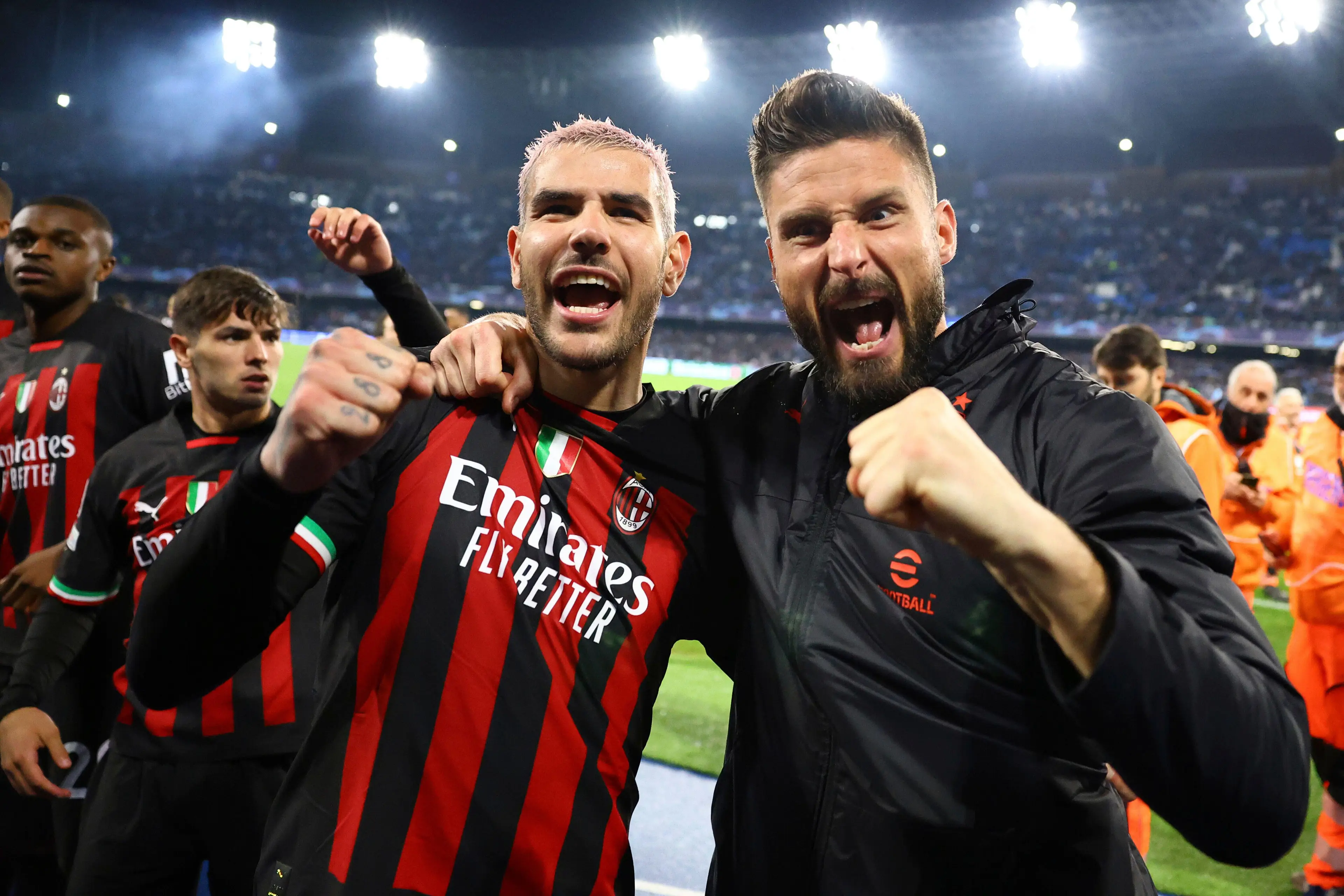 Theo Hernandez celebrates with Giroud after Milan made it through to the final four of the Champions League. Image: Alamy