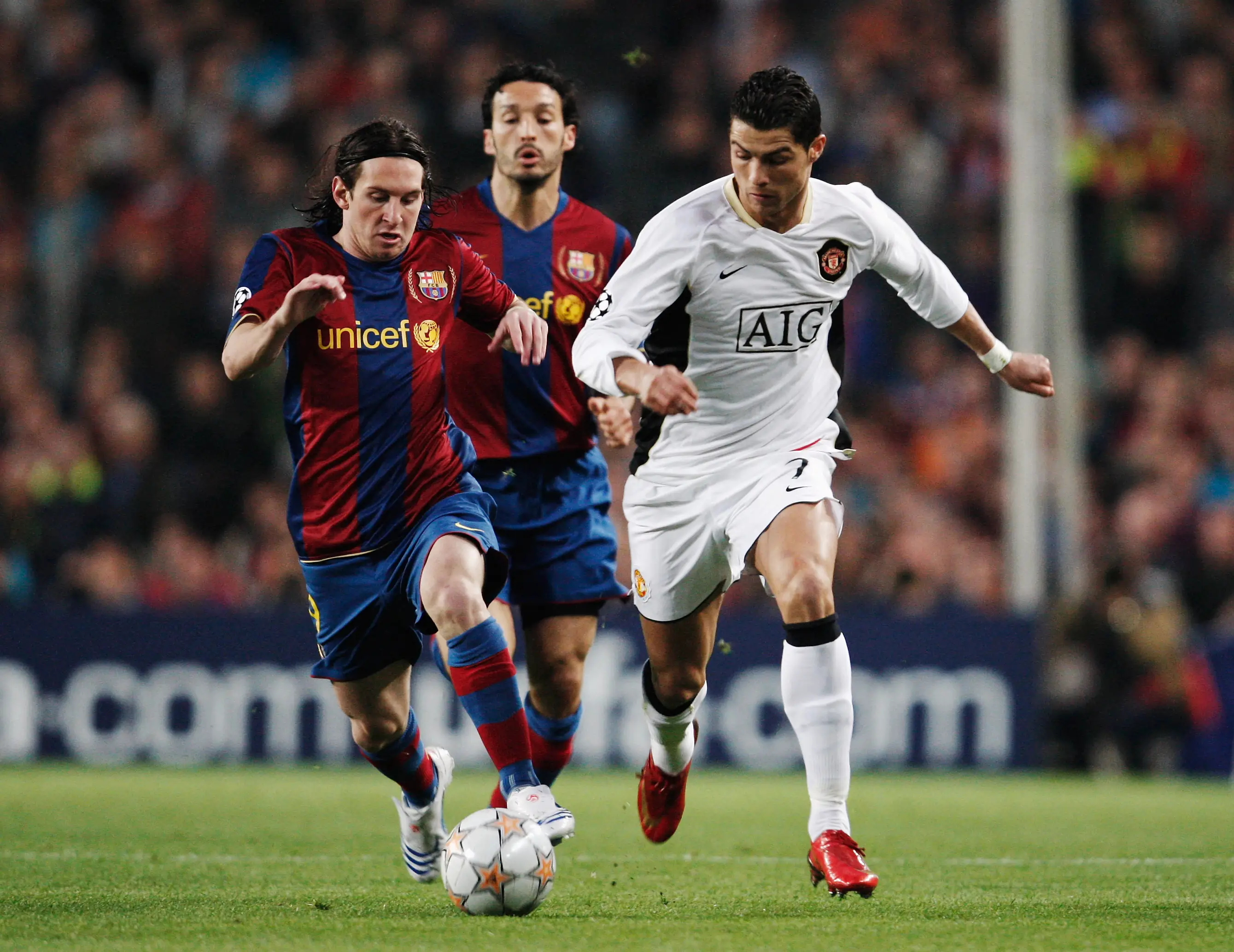 Cristiano Ronaldo and Lionel Messi at full speed during a Champions League fixture. Image: Getty