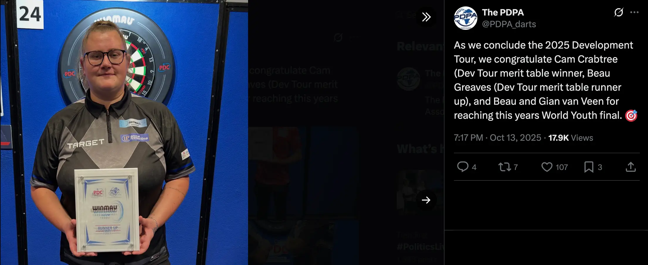 Greaves finished as the runner-up in PDC's Development Tour rankings (Image: PDPA)