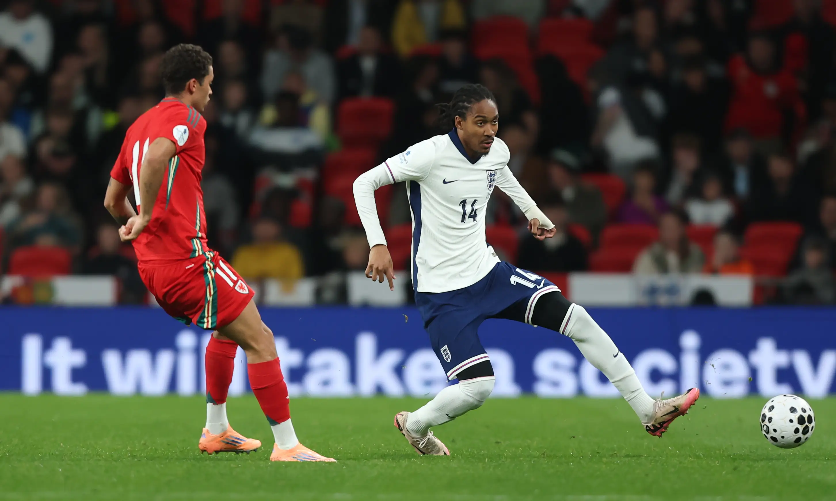 Djed Spence and Brennan Johnson during England vs. Wales. Image: Getty 