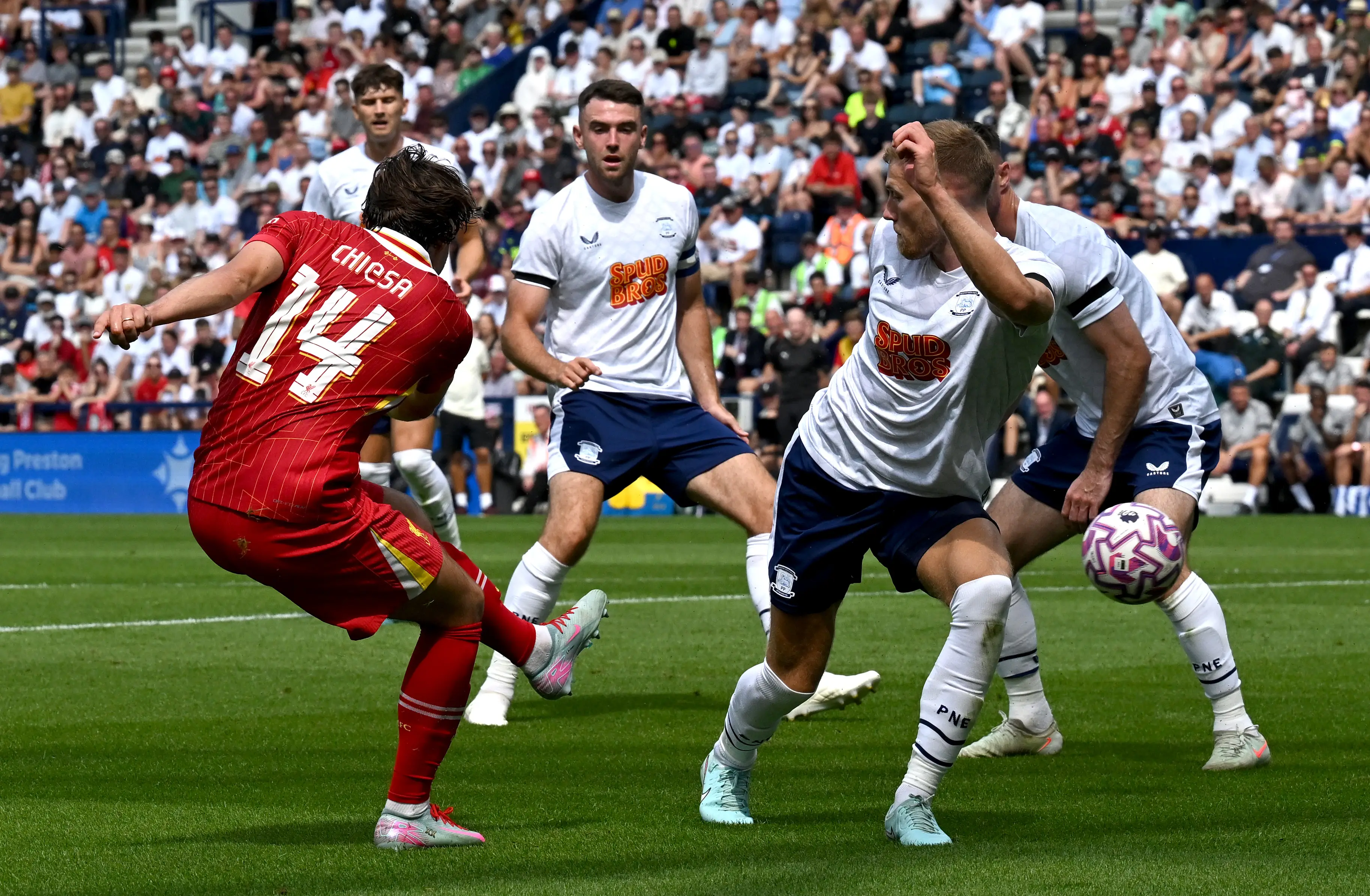 Federico Chiesa in action during Liverpool's pre-season friendly against Preston. Image: Getty 