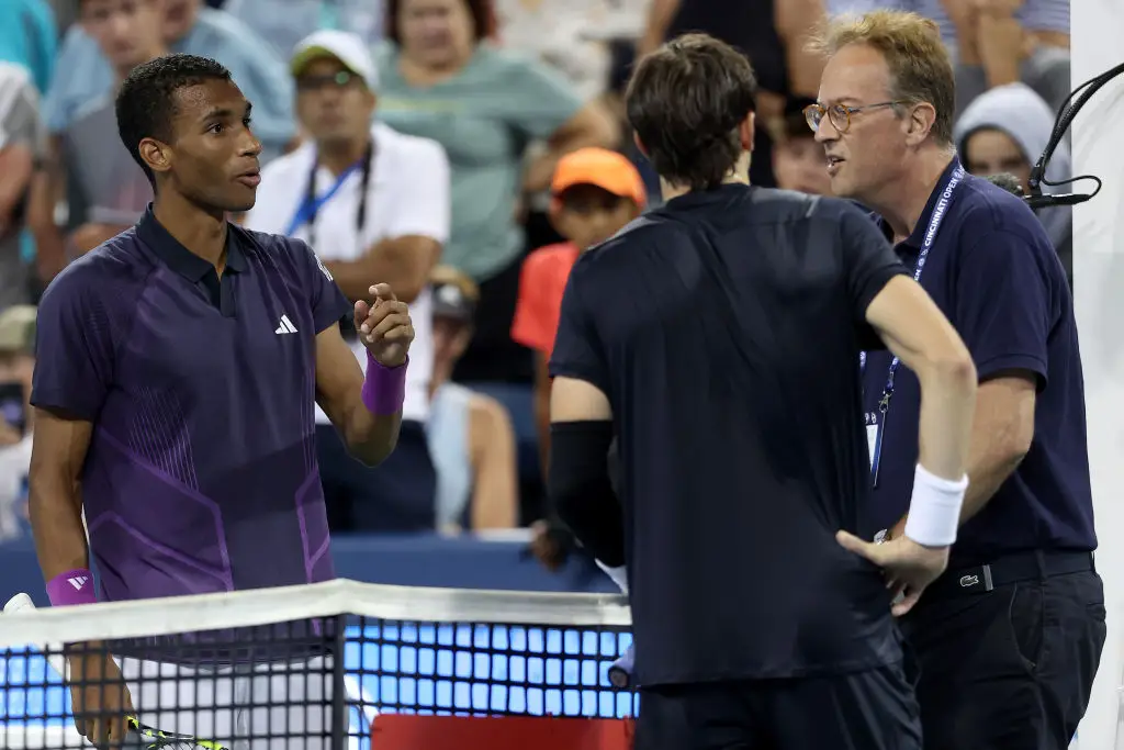 Jack Draper and Felix Auger-Aliassime argued with match officials for four minutes after the controversial end to their match. (Image: Getty)