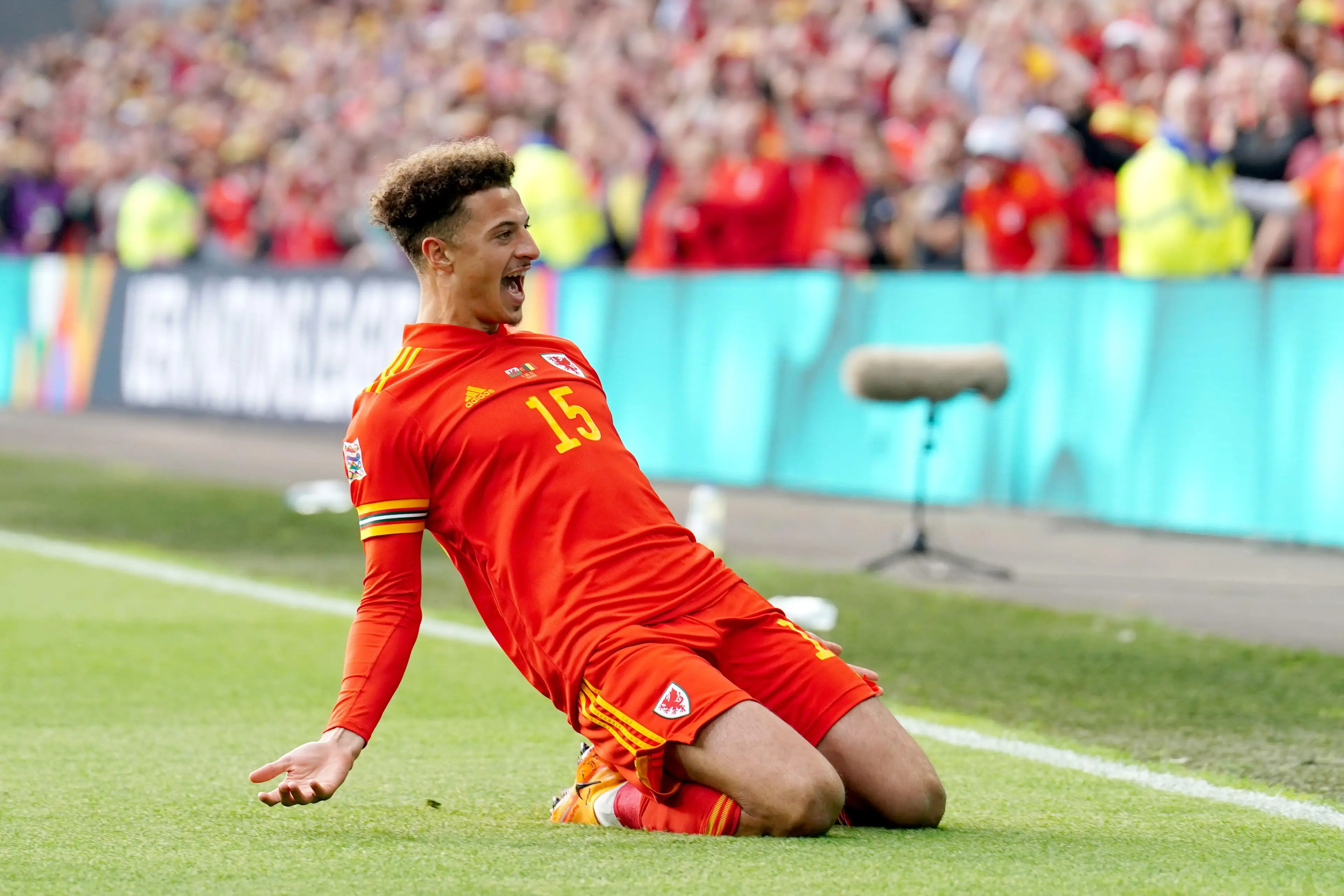 Wales' Ethan Ampadu celebrates scoring before it is ruled out by VAR during the UEFA Nations League match at Cardiff City Stadium. (Alamy)