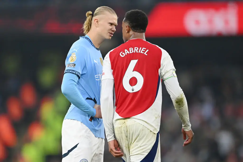 Erling Haaland and Gabriel Magalhaes pictured during Man City's 2-2 draw with Arsenal -
