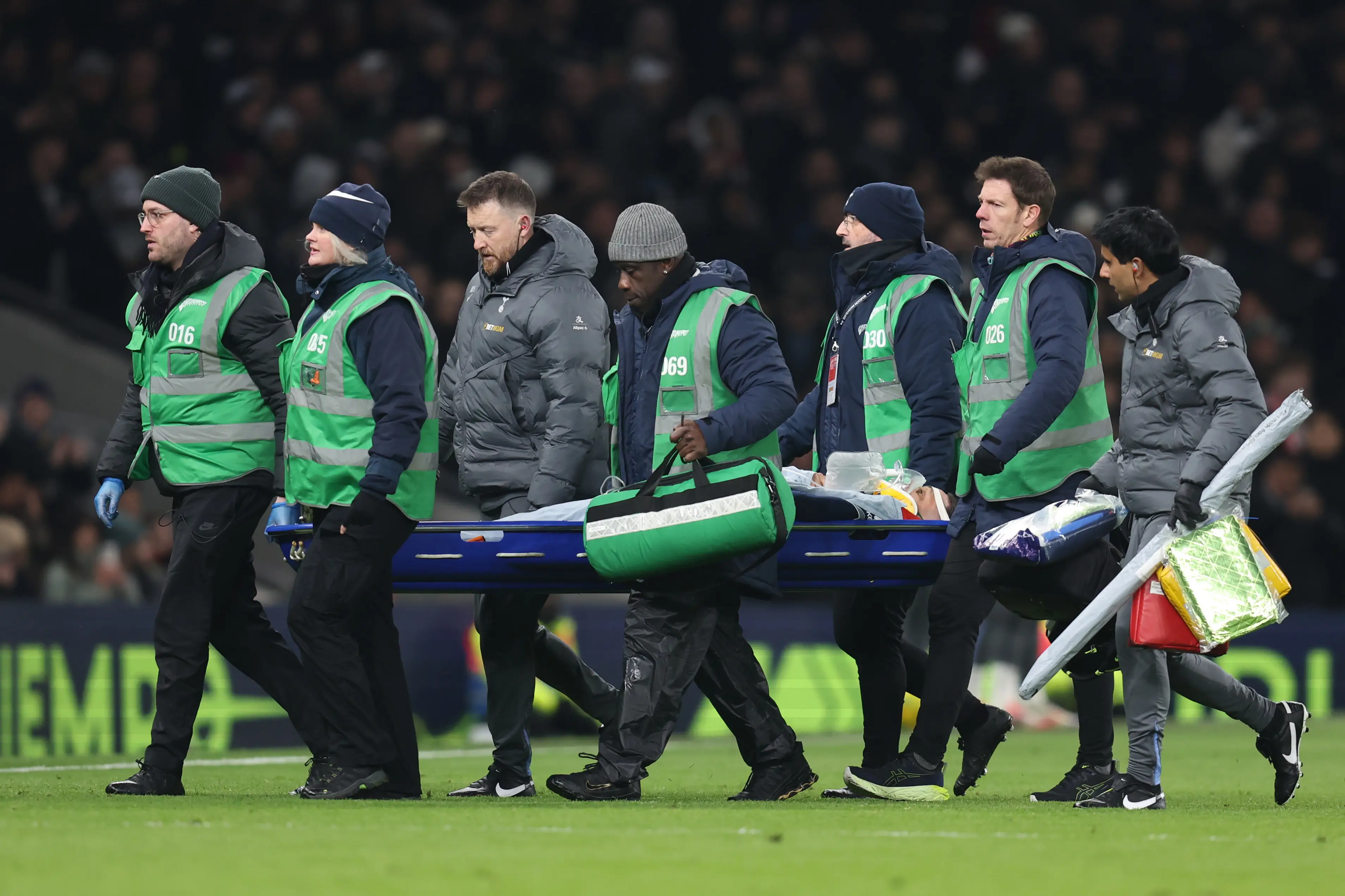 Spurs provided a positive update on Rodrigo Bentancur after he was stretchered off. Image: Getty