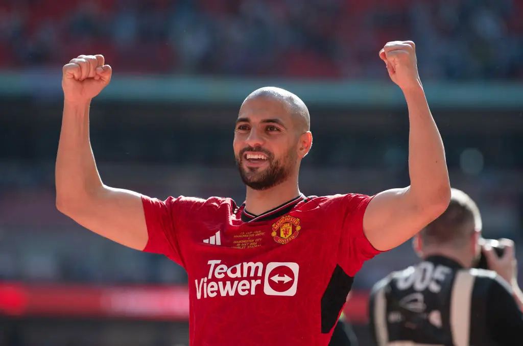 Sofyan Amrabat celebrates after winning the FA Cup with Manchester United (