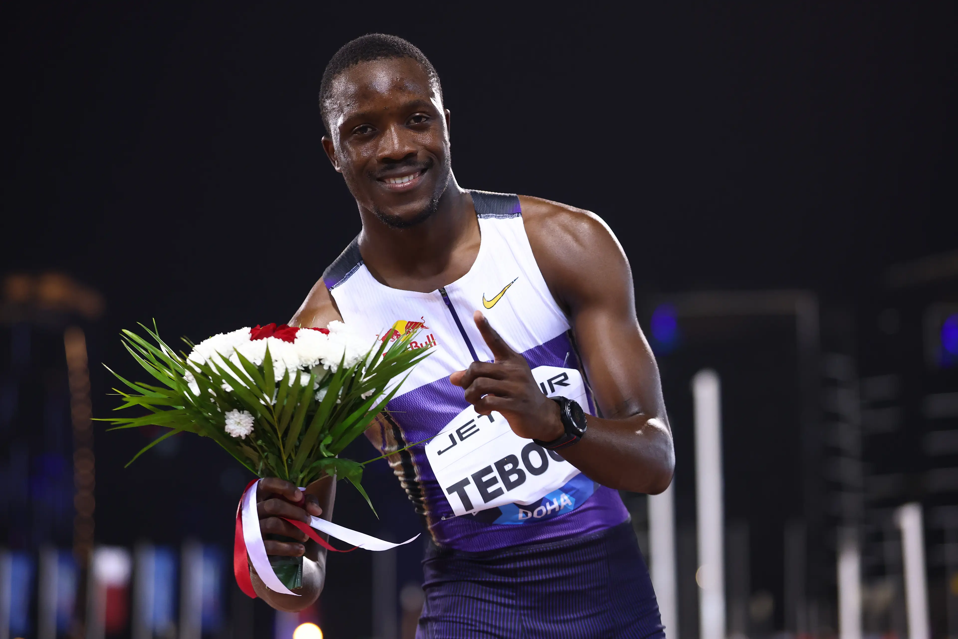 Letsile Tebogo of Botswana reacts after winning the Men's 200m race during the Doha Meeting / Photo by Francois Nel/Getty Images