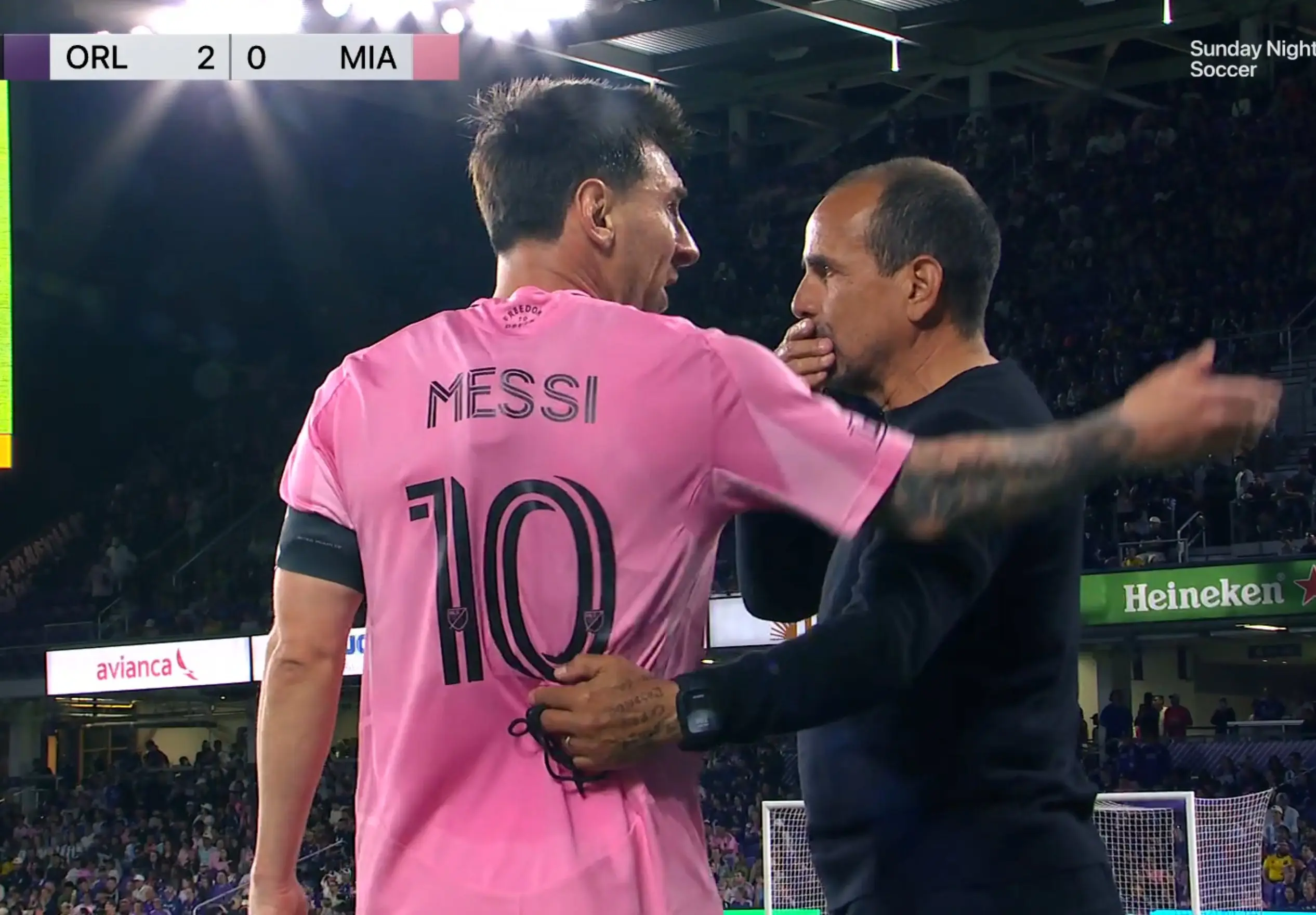 Messi exchanged words with the Orlando bench. Image credit: Getty